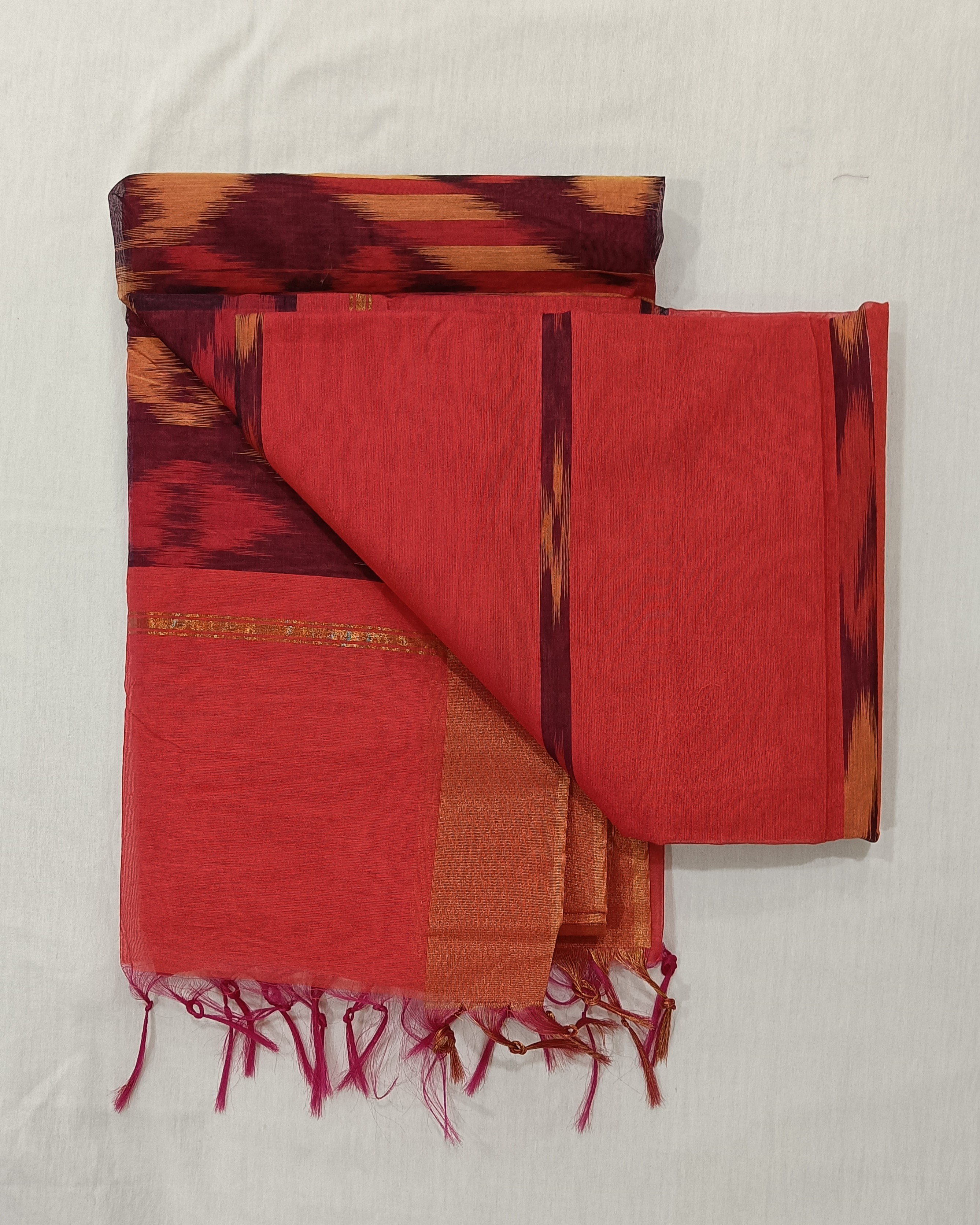 Coral Red Cotton Silk Pochampally Saree