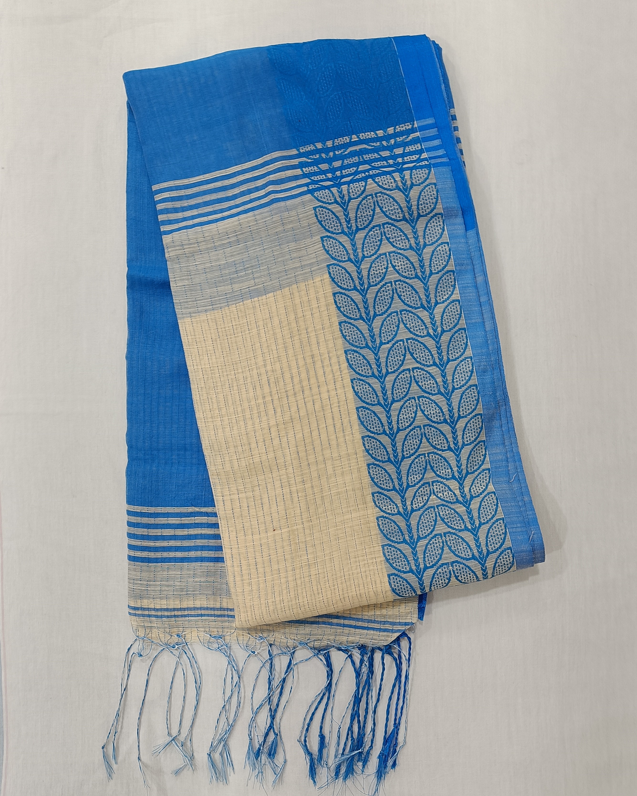 Cream Blue Machine Kantha Saree