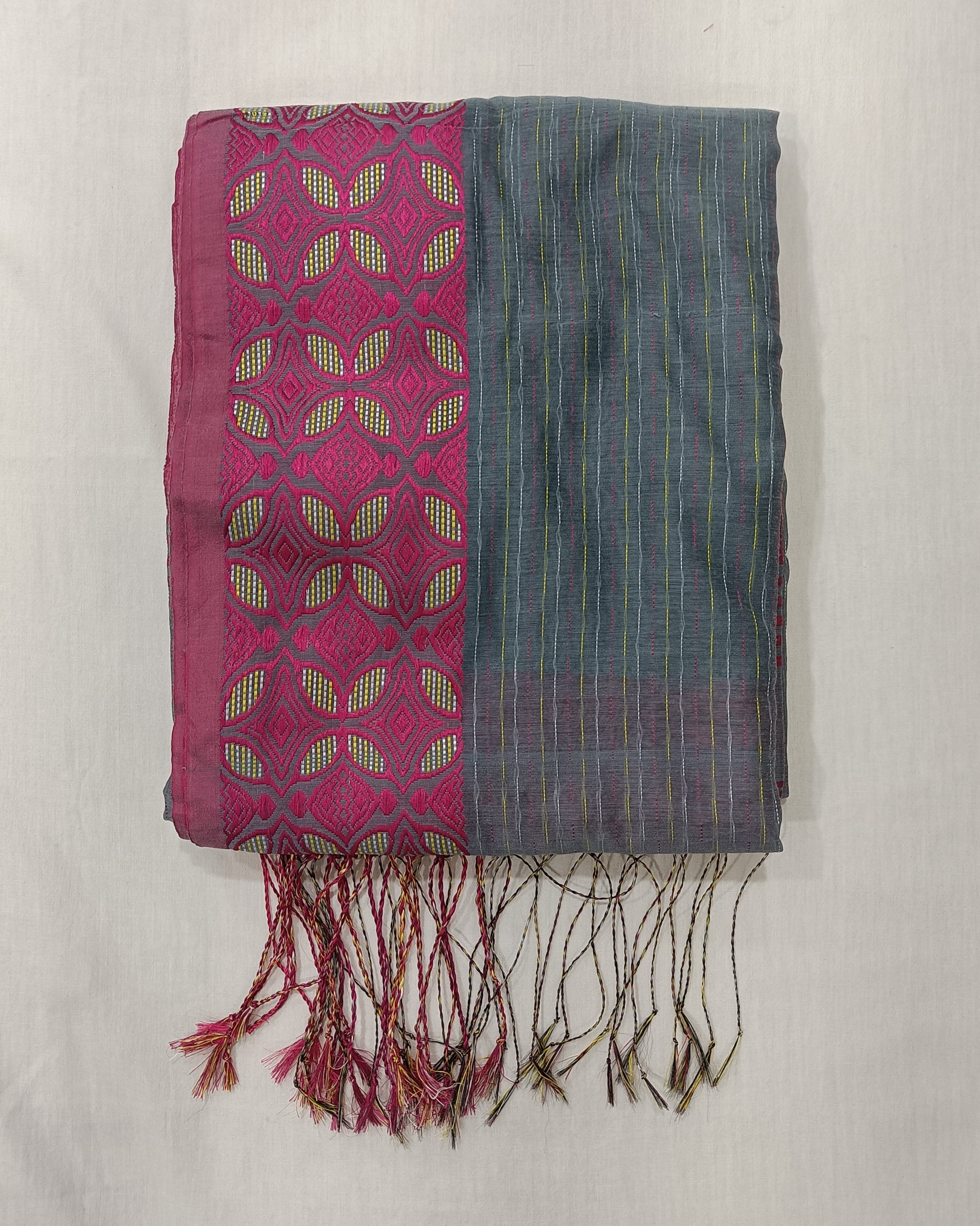 Grey Pink Machine Kantha Saree