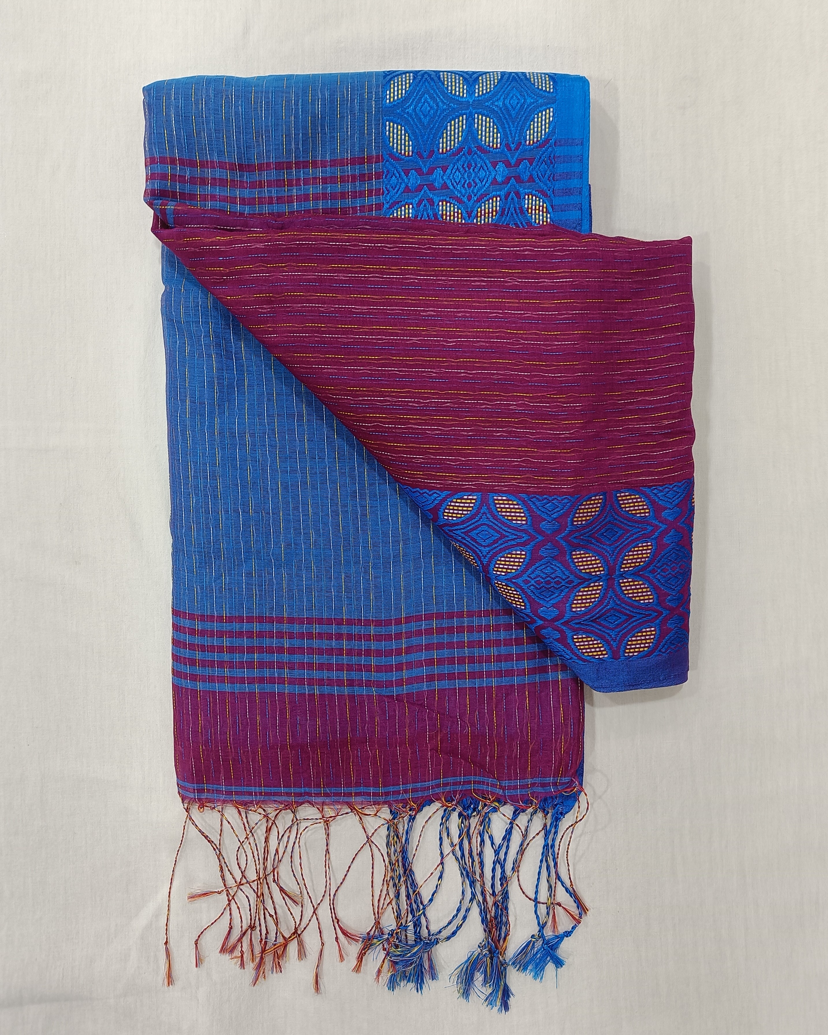 Pink Blue Machine Kantha Saree