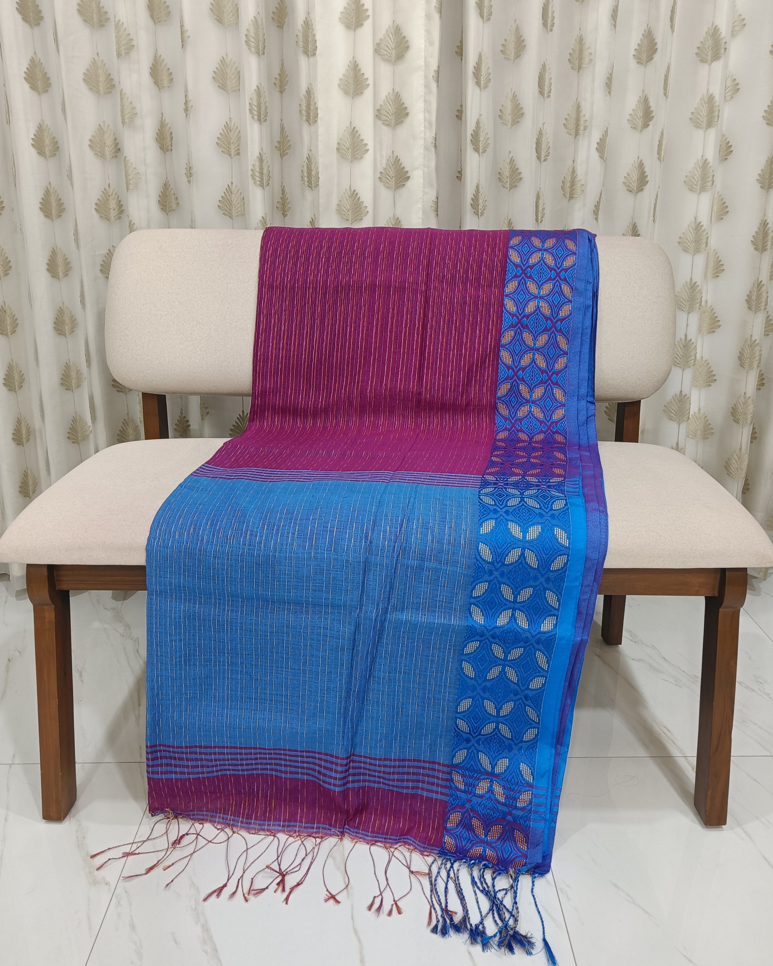Pink Blue Machine Kantha Saree