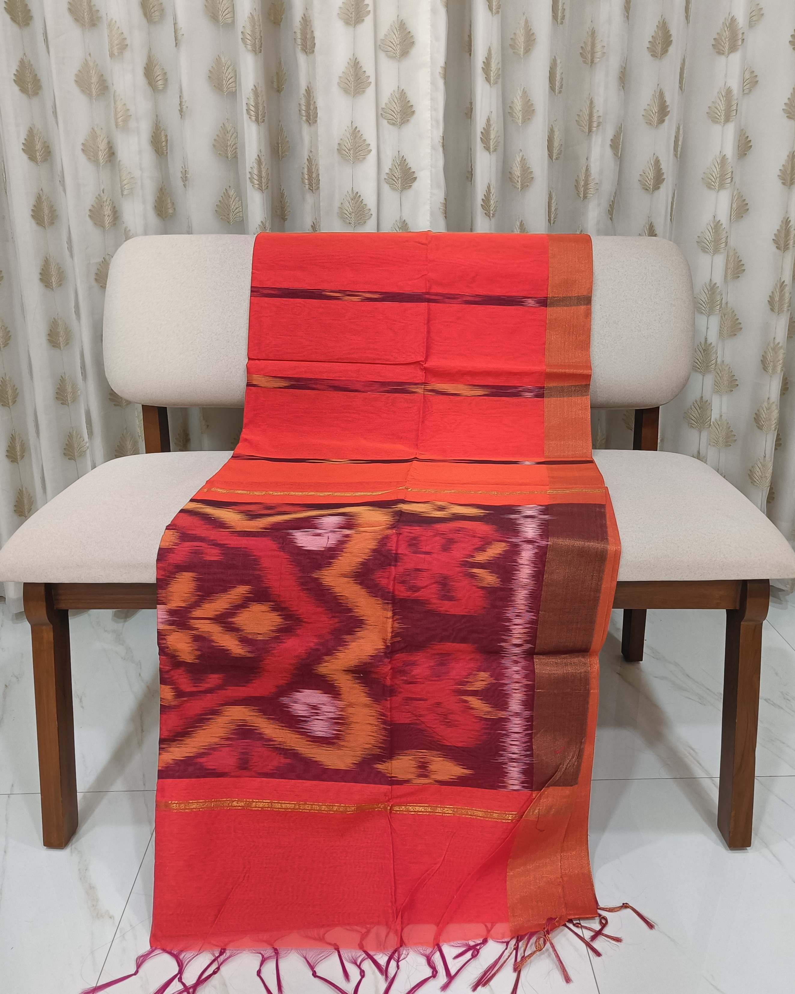 Coral Red Cotton Silk Pochampally Saree