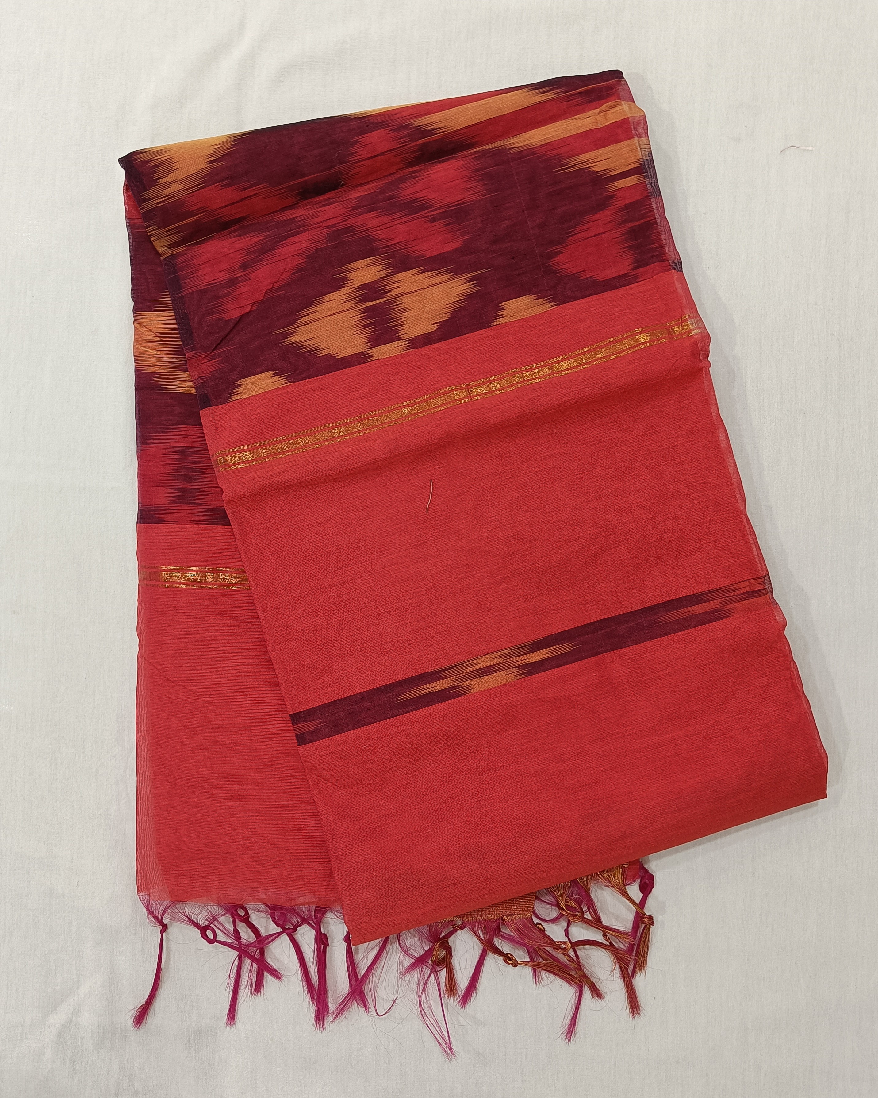 Coral Red Cotton Silk Pochampally Saree