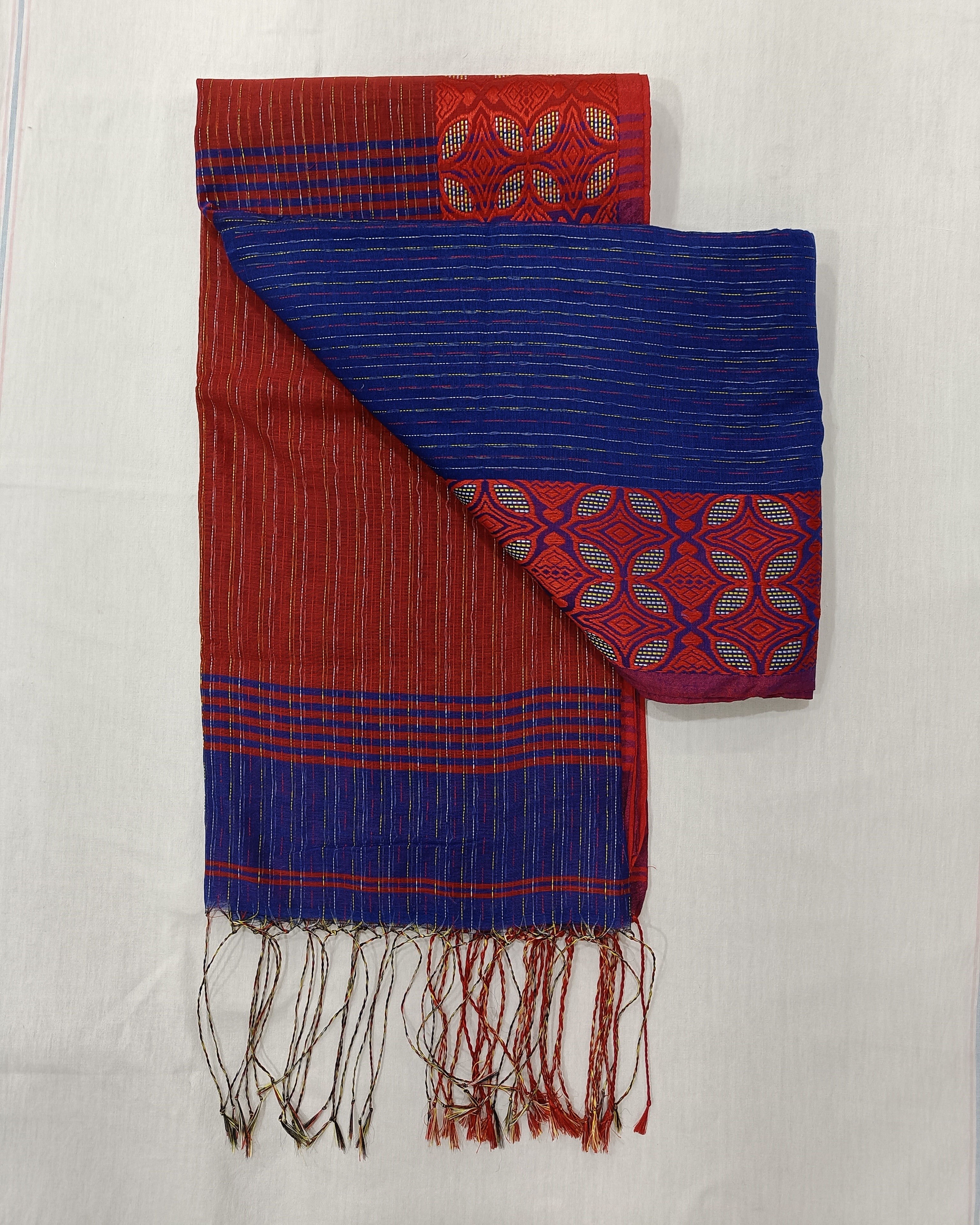 Blue Red Machine Kantha Saree