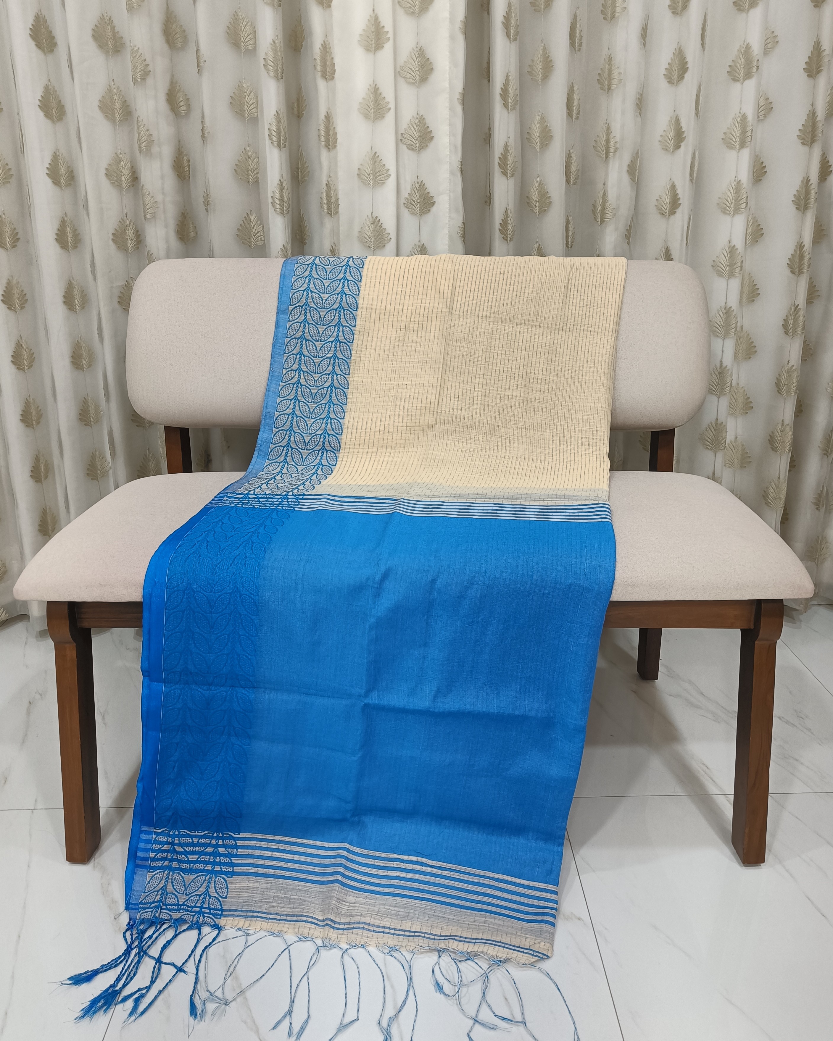 Cream Blue Machine Kantha Saree