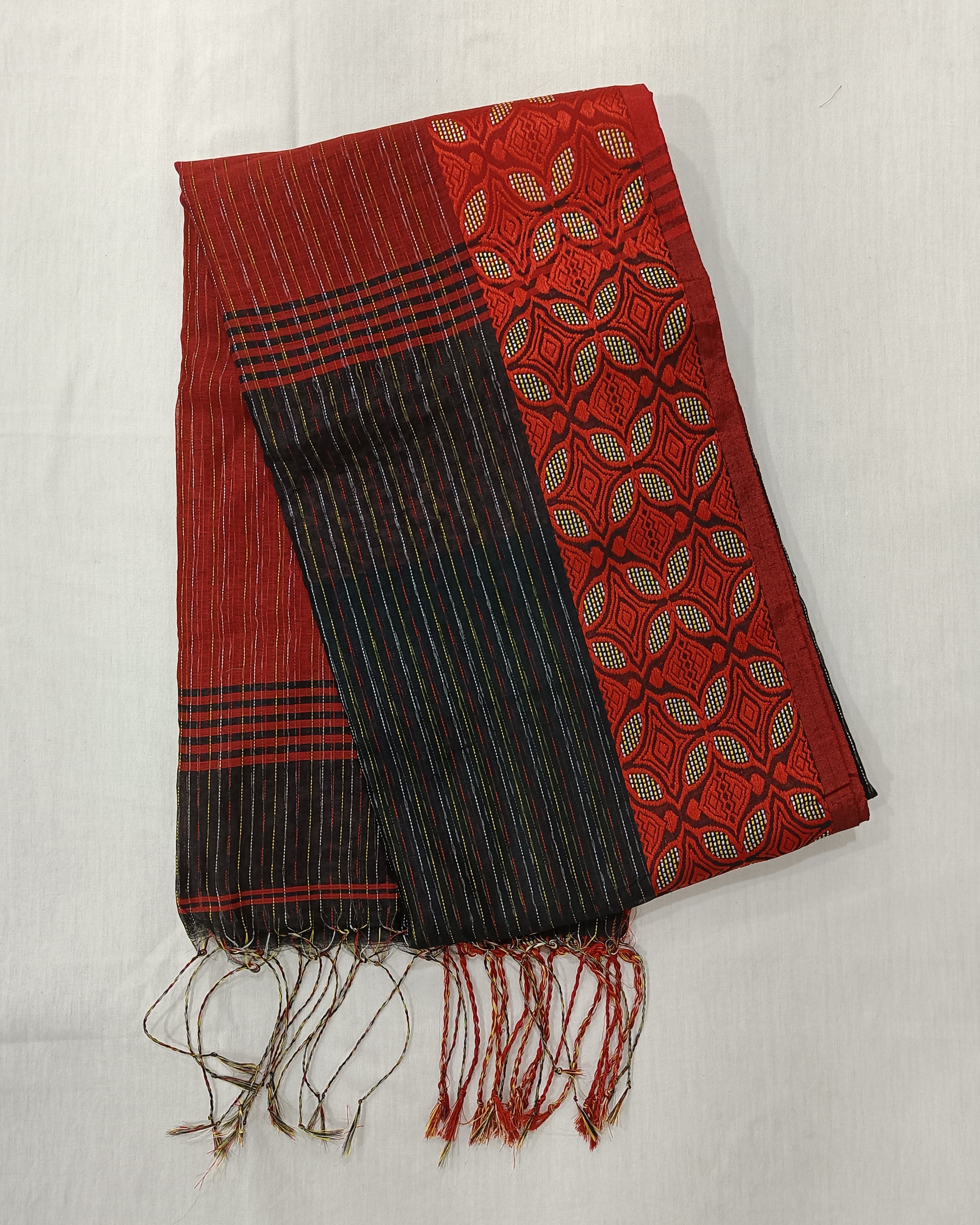Black Red Machine Kantha Saree