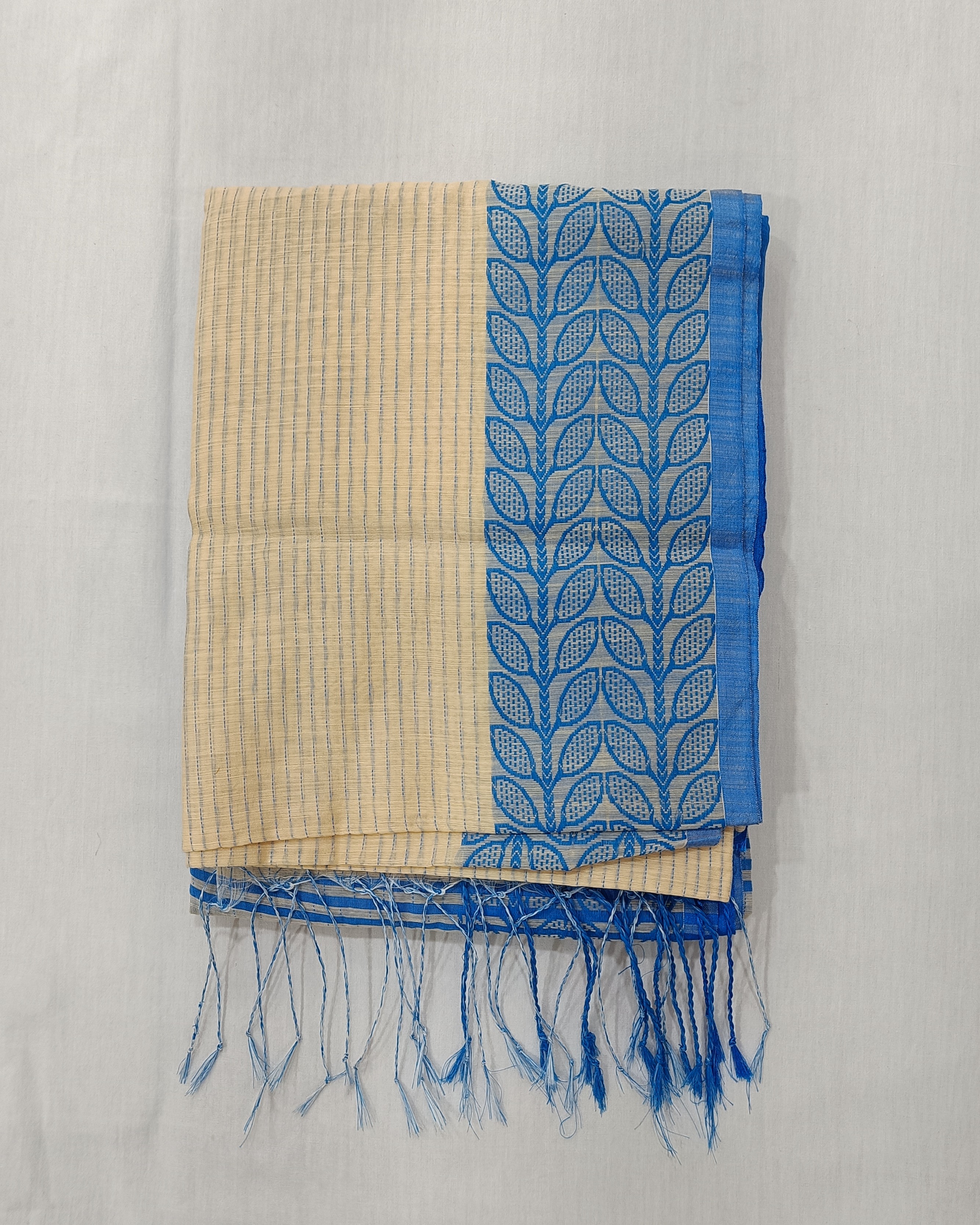 Cream Blue Machine Kantha Saree