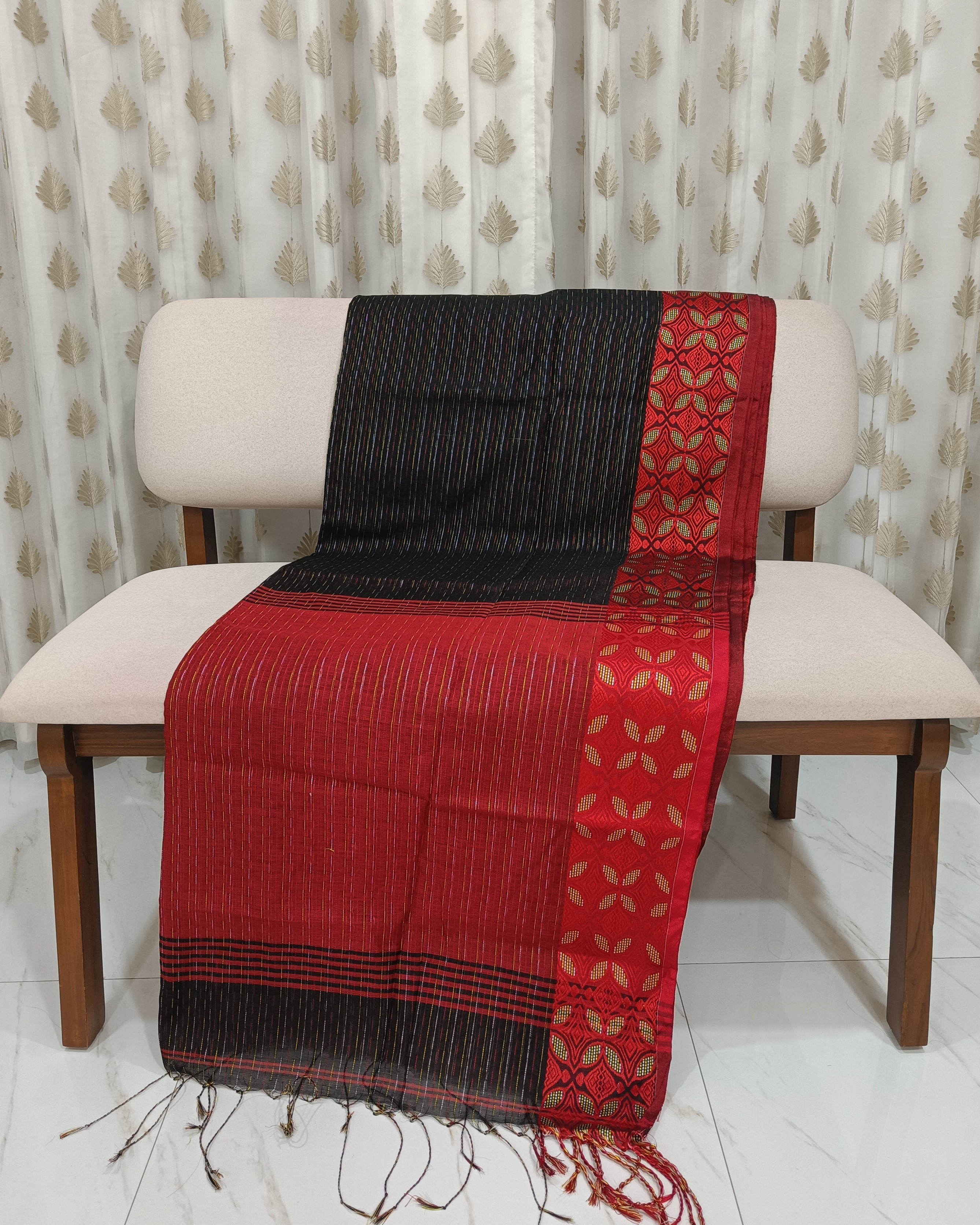 Black Red Machine Kantha Saree