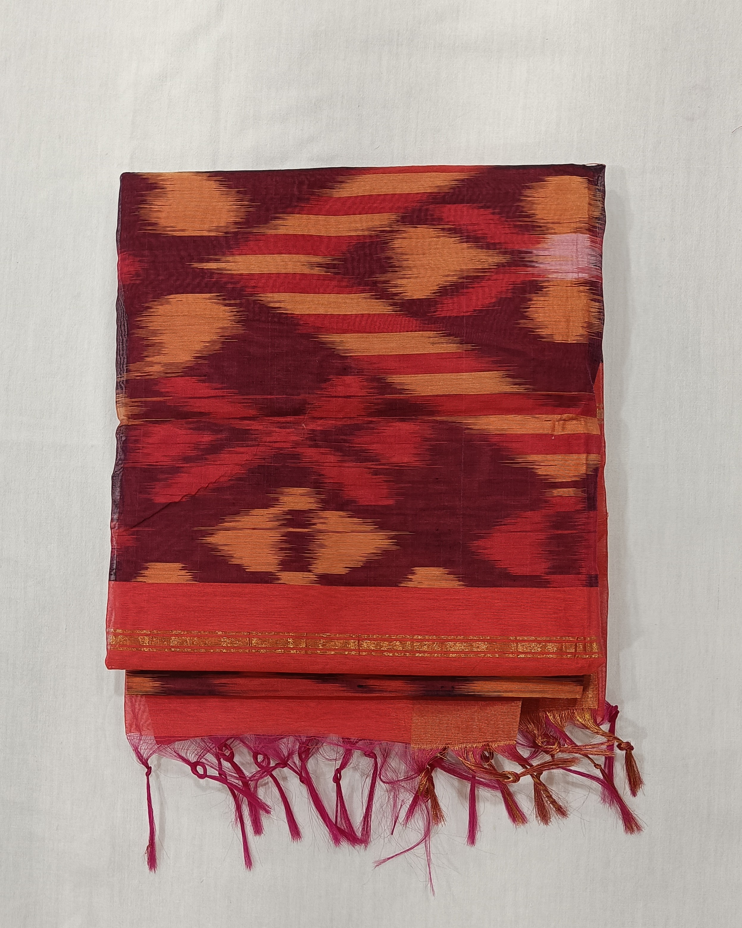 Coral Red Cotton Silk Pochampally Saree