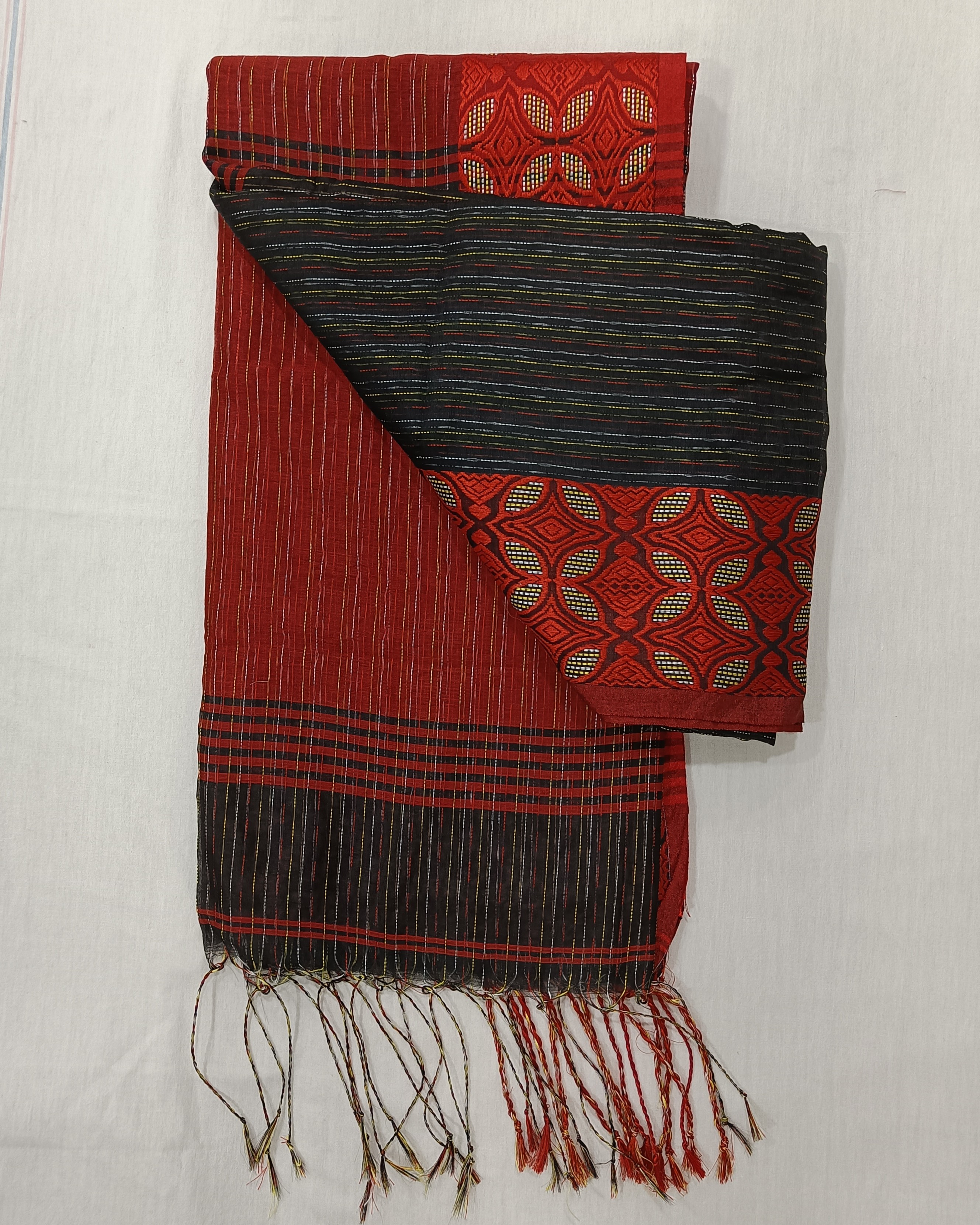 Black Red Machine Kantha Saree