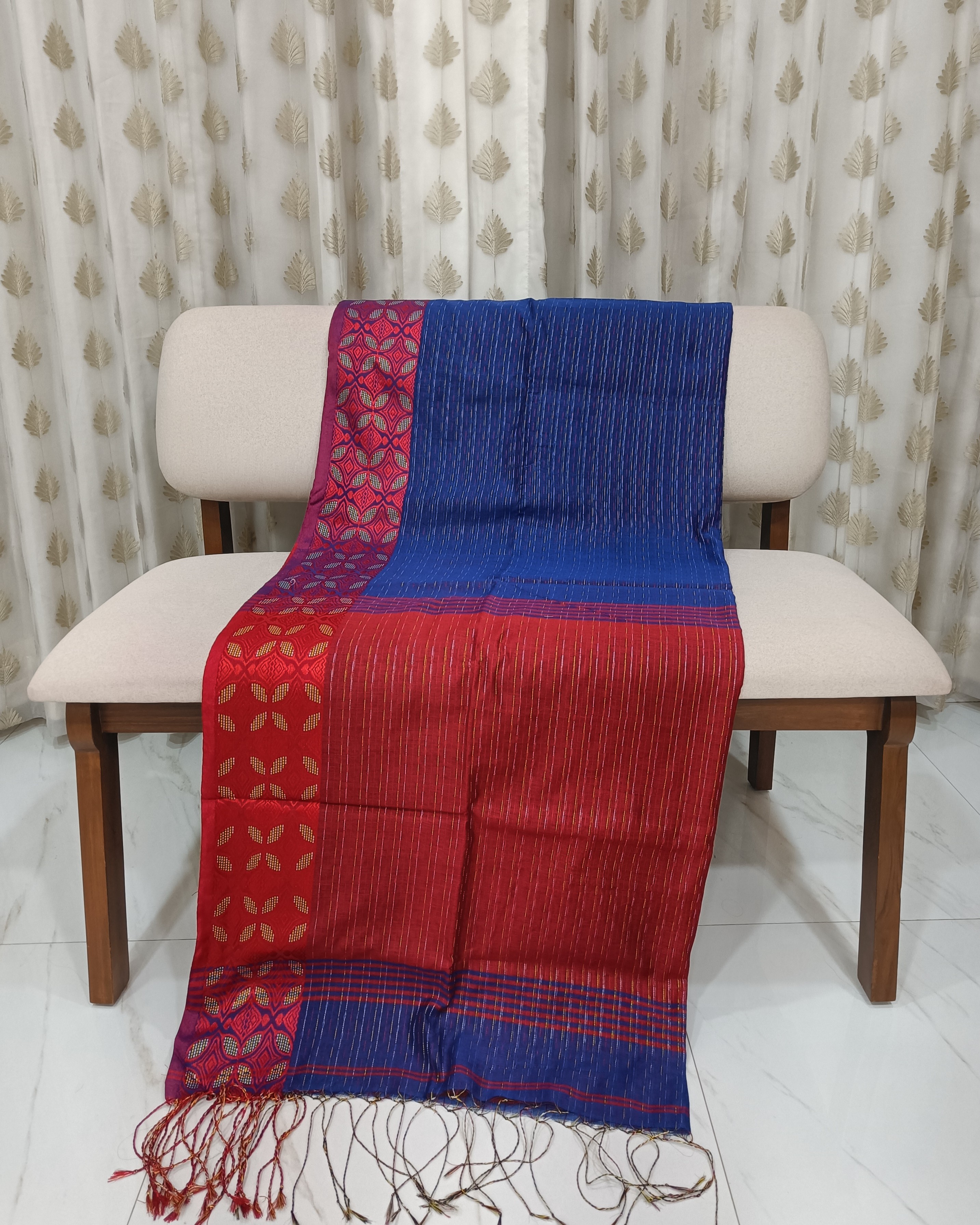 Blue Red Machine Kantha Saree