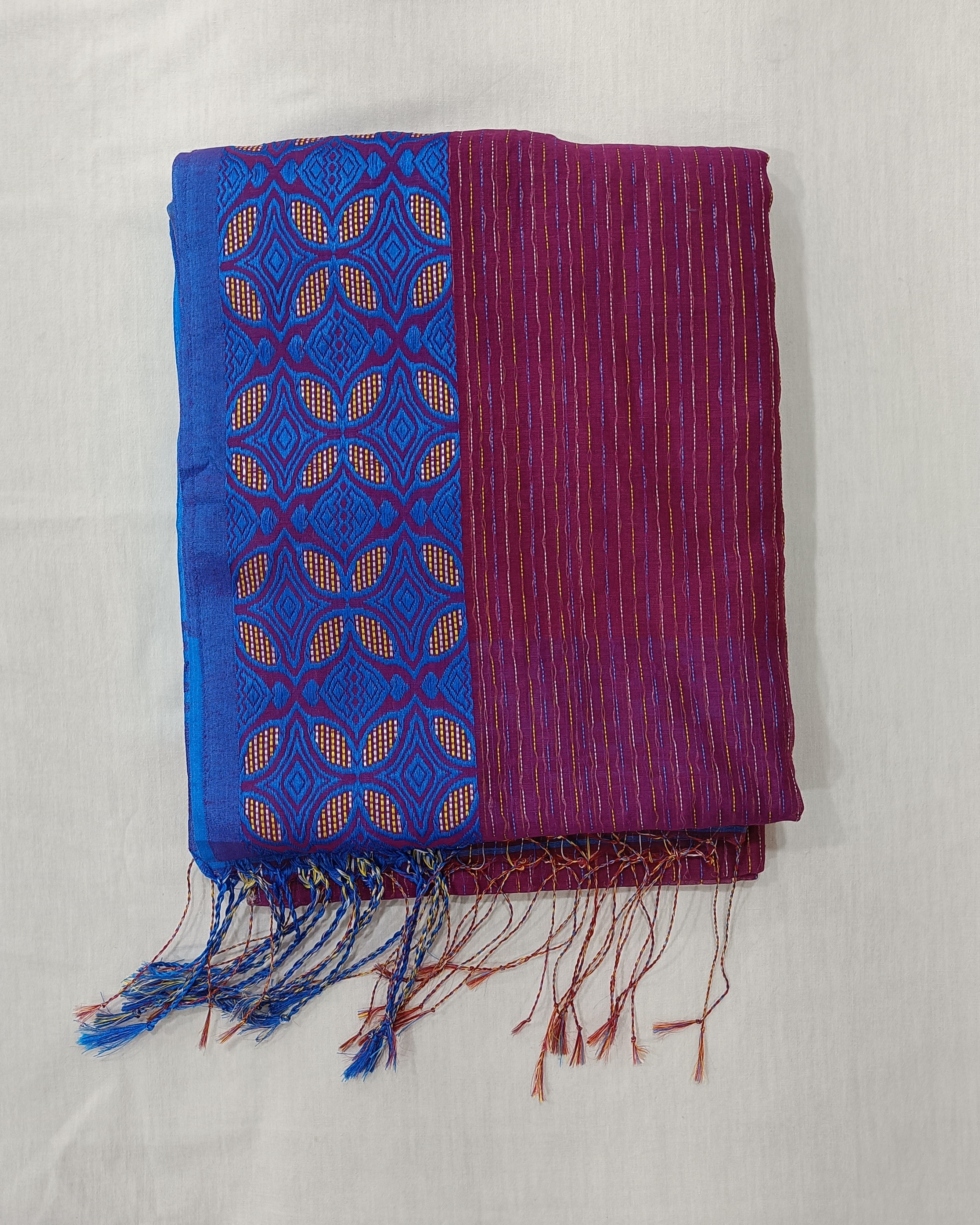 Pink Blue Machine Kantha Saree