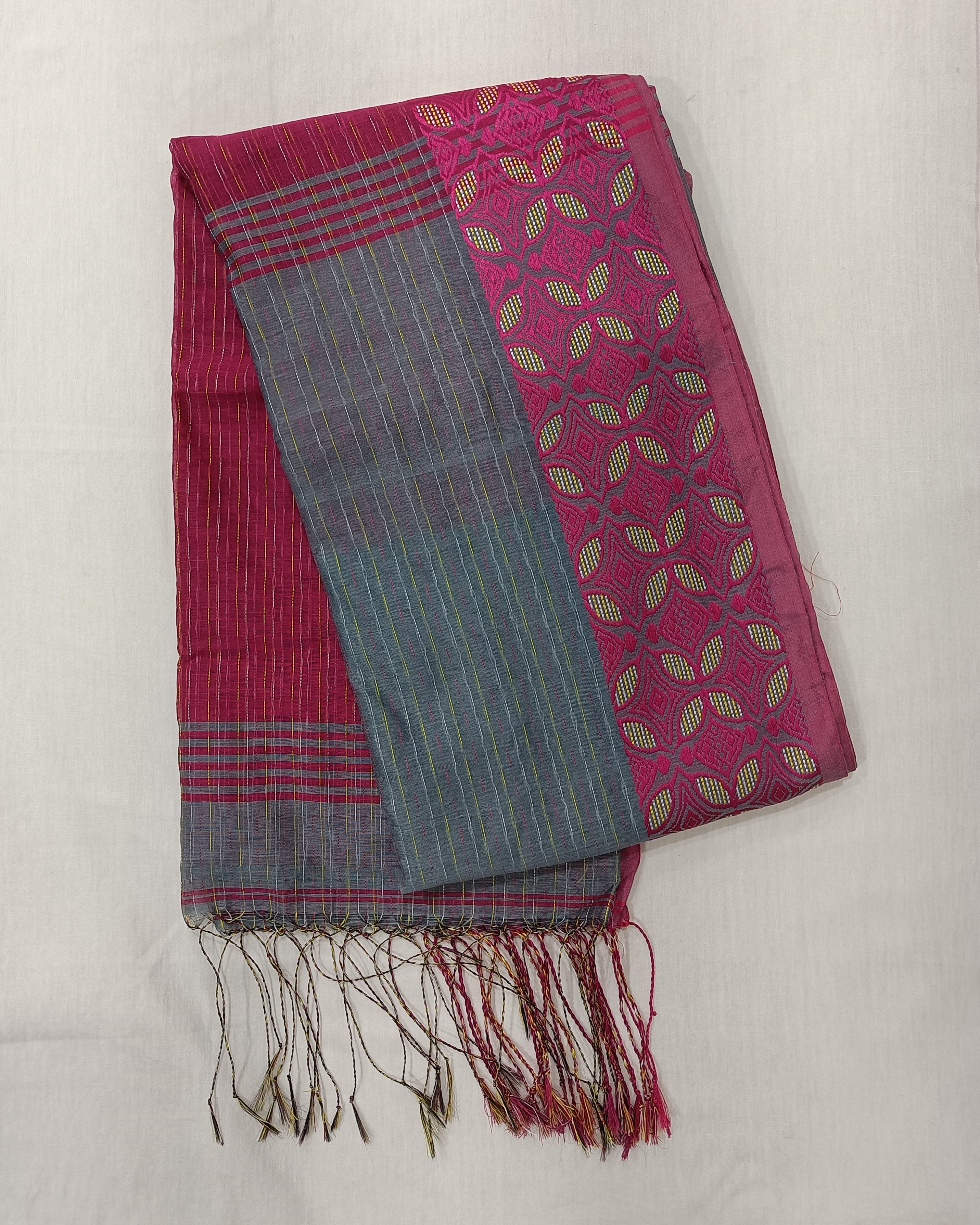 Grey Pink Machine Kantha Saree