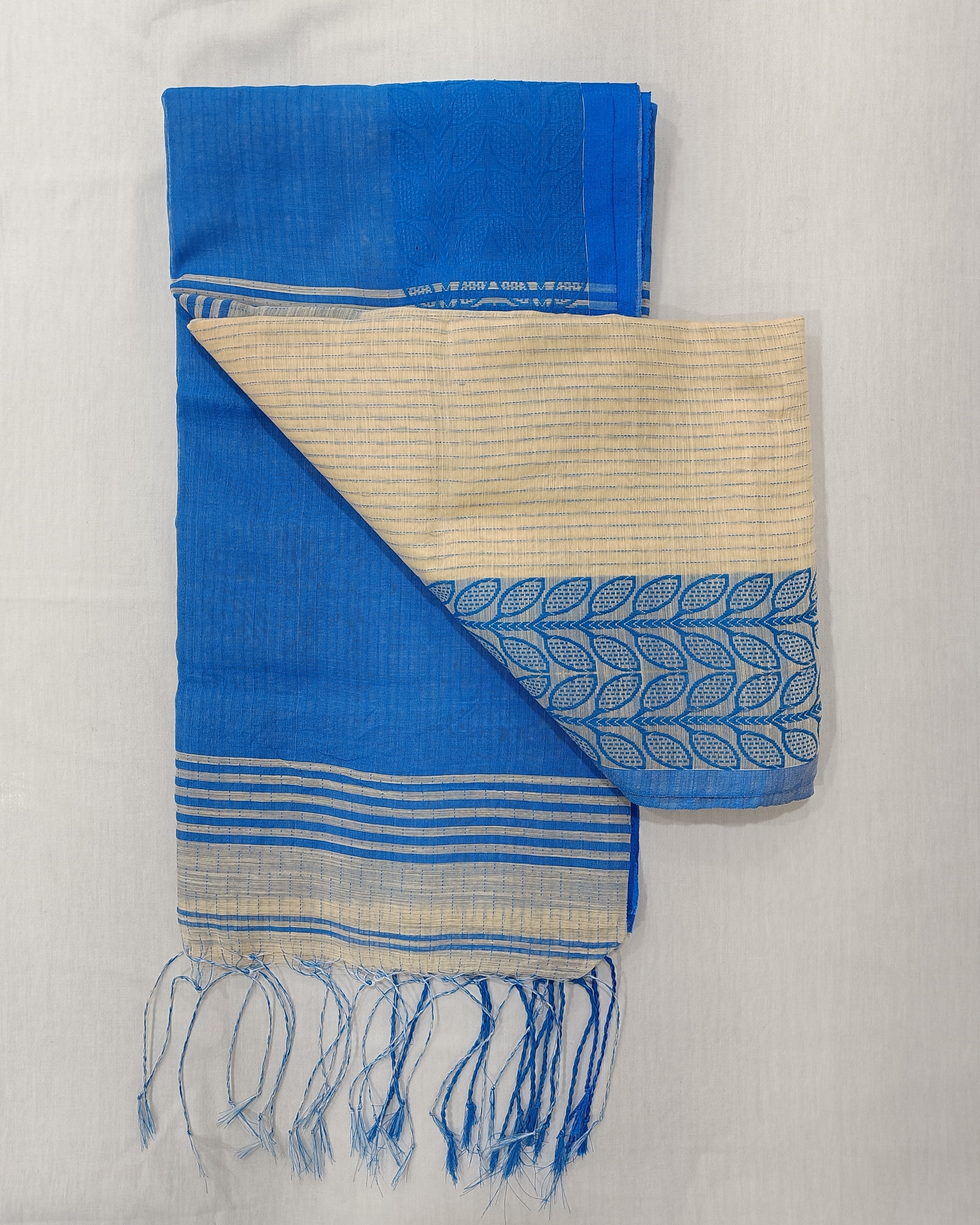 Cream Blue Machine Kantha Saree
