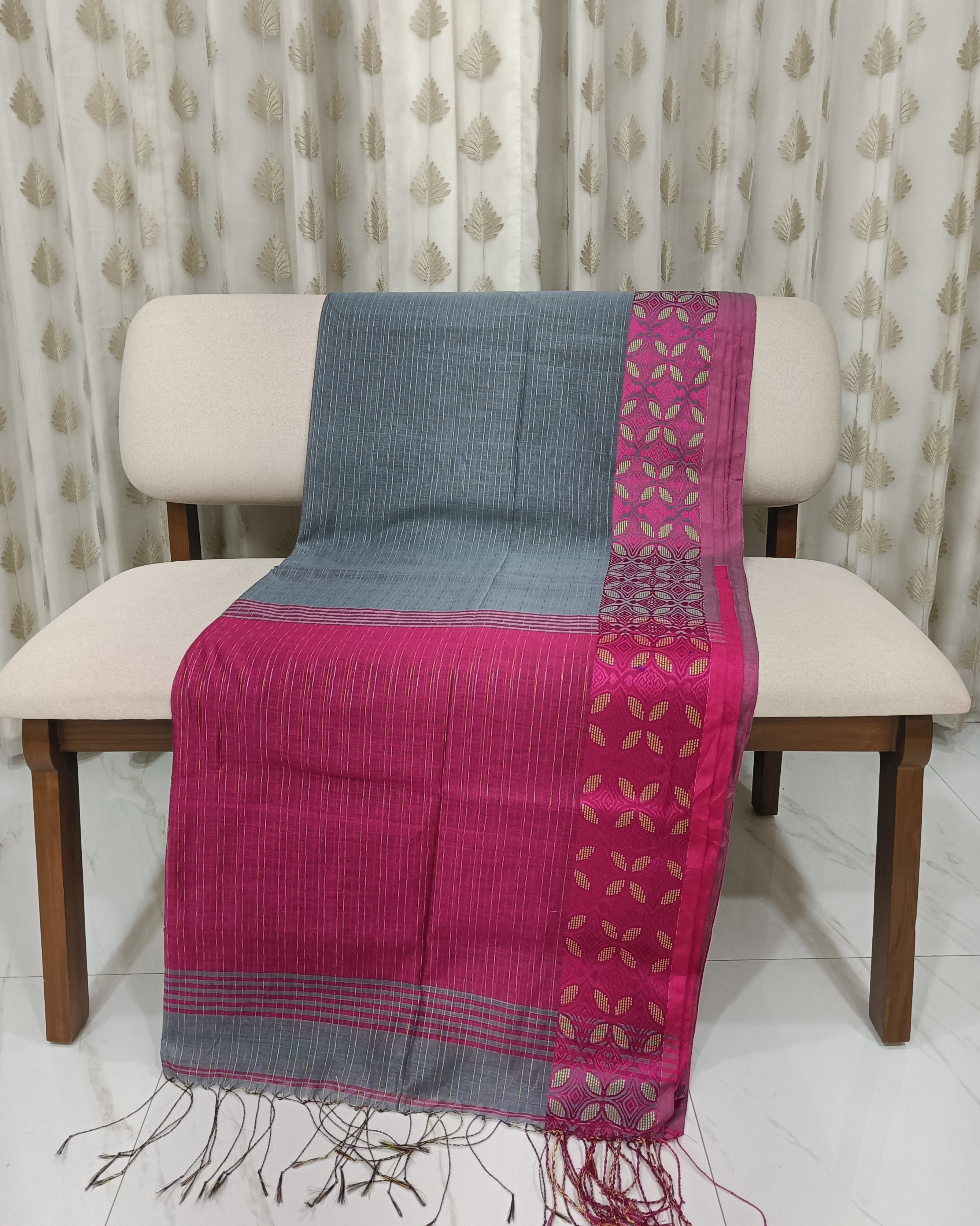 Grey Pink Machine Kantha Saree