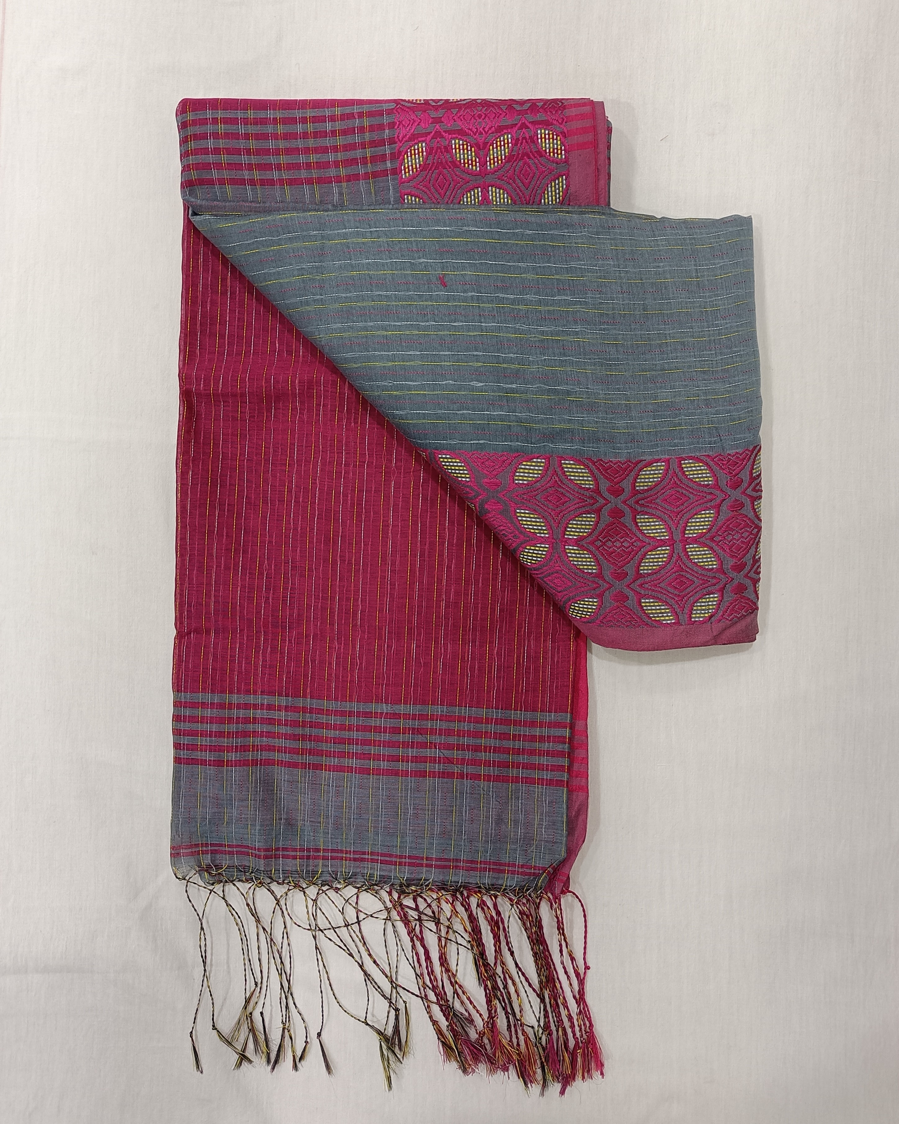 Grey Pink Machine Kantha Saree