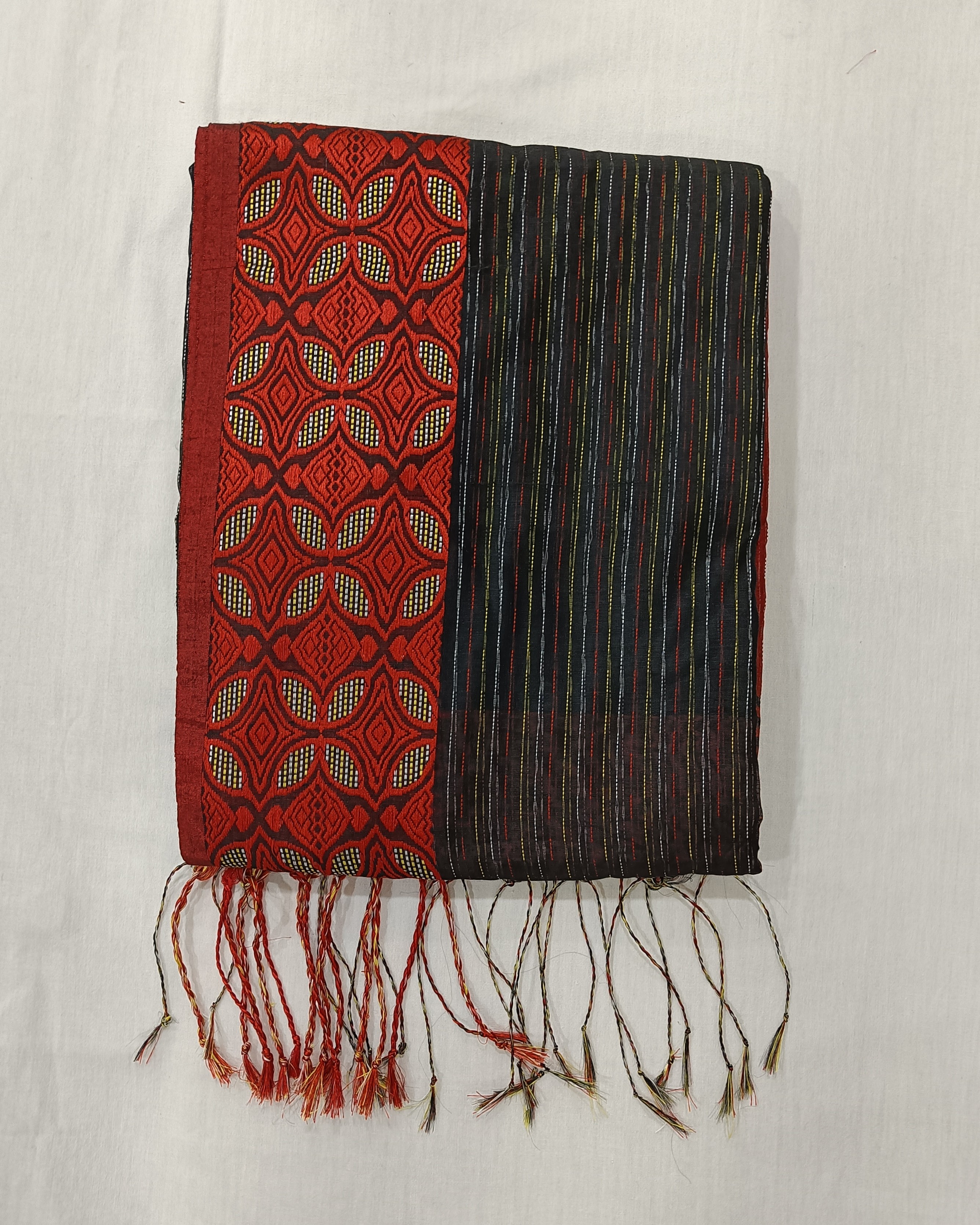 Black Red Machine Kantha Saree