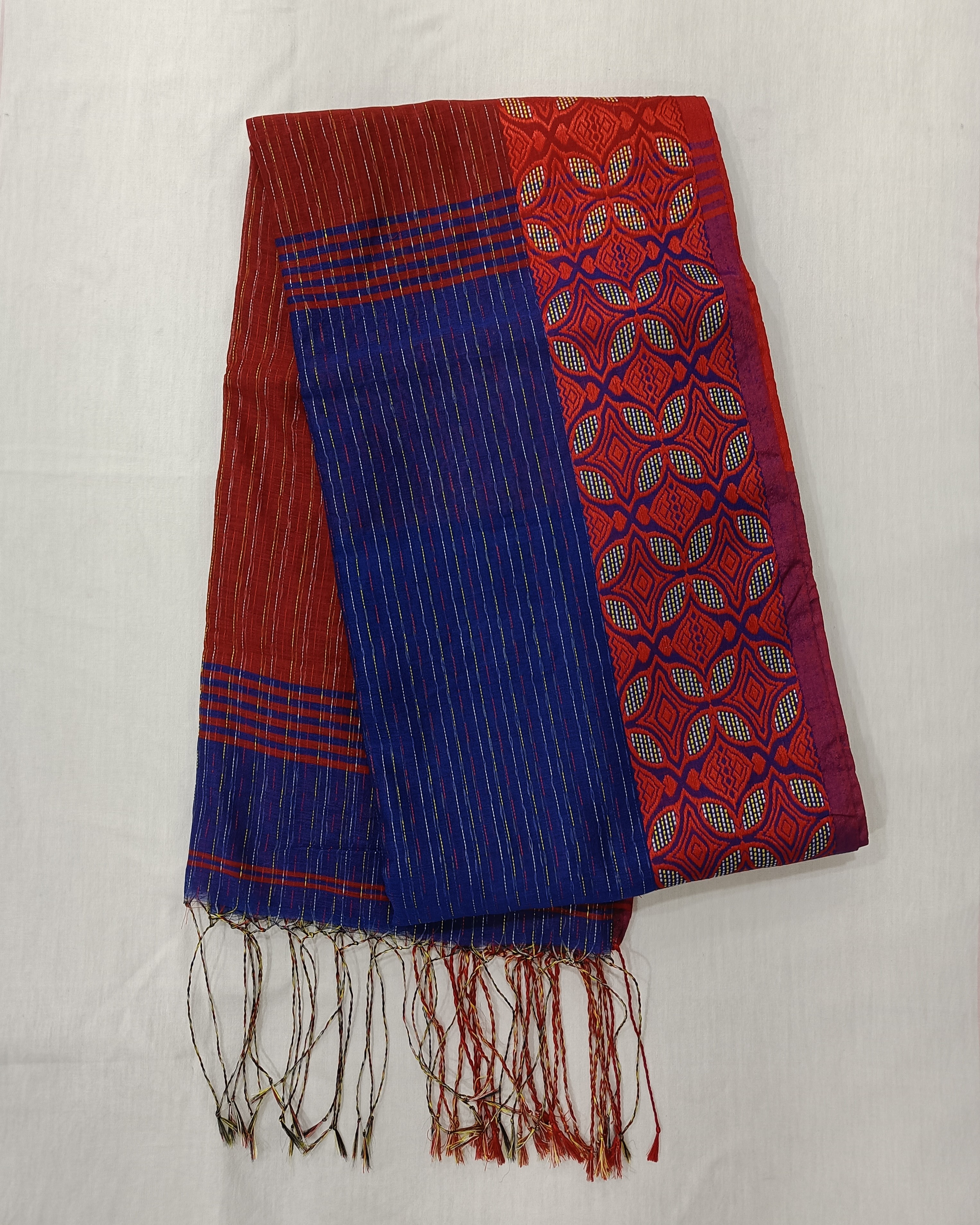 Blue Red Machine Kantha Saree