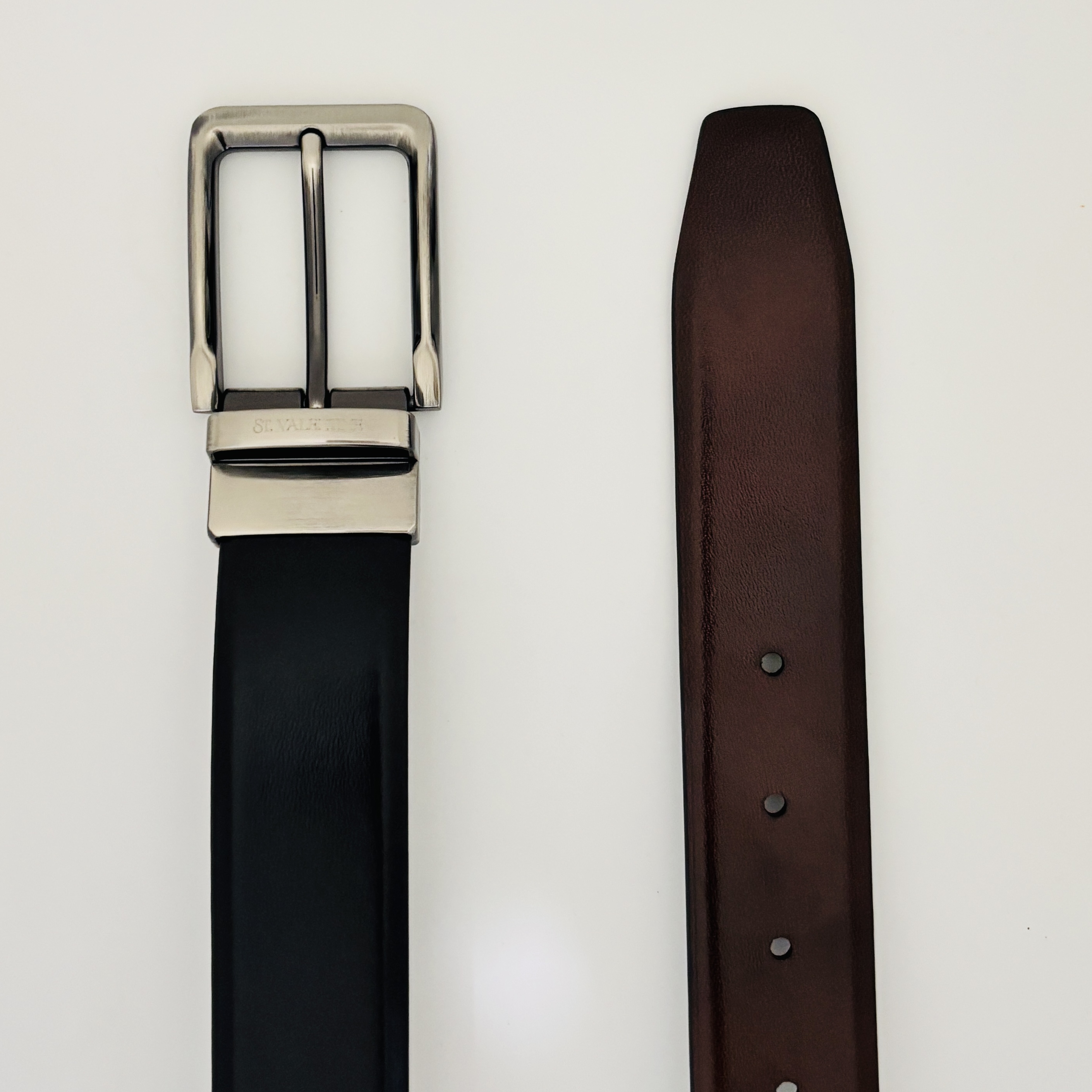 Executive Series Reversible Belt by St. Valentine – Black & Brown Leather with Sleek Metal Buckle