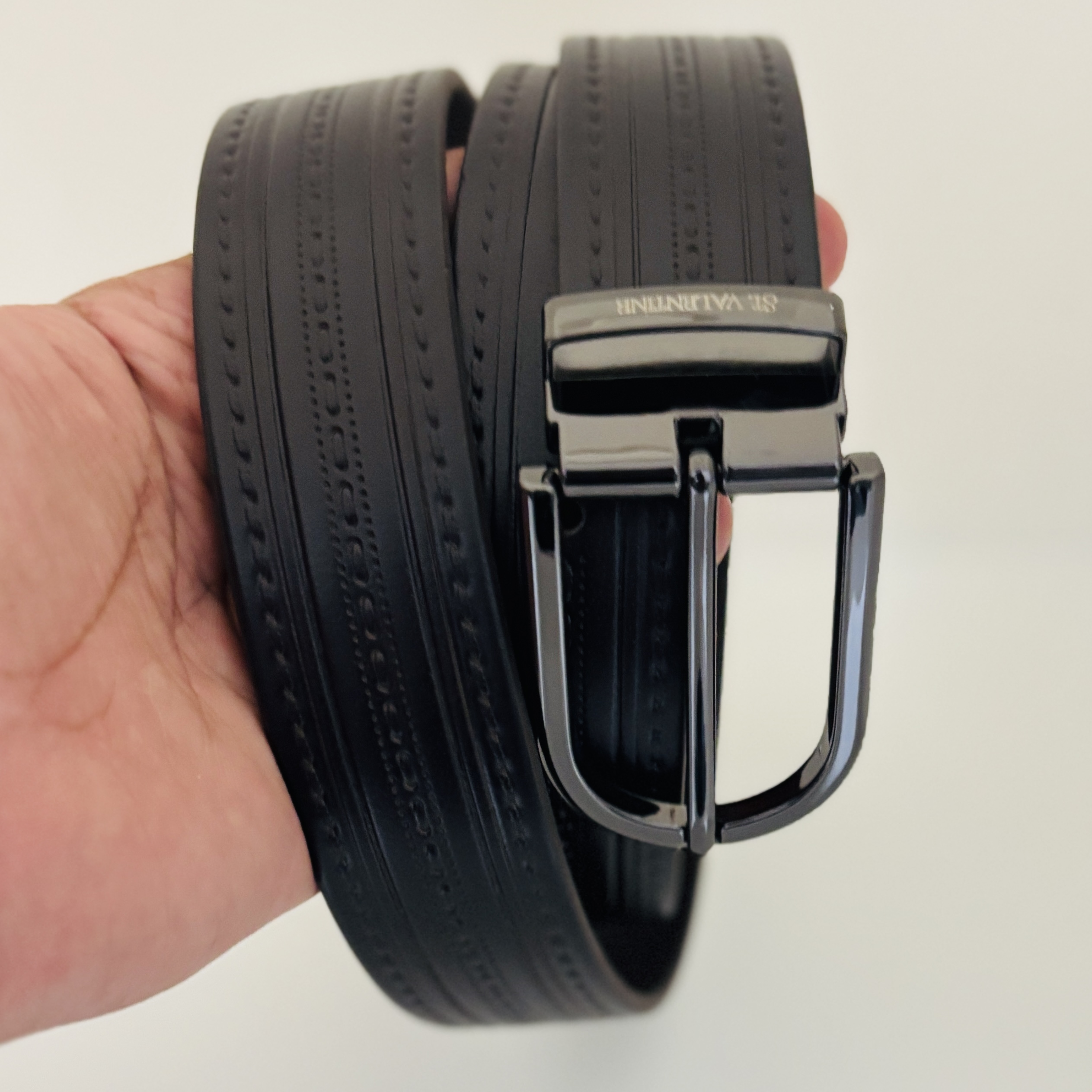 St. Valentine Designer Leather Belt – Black Textured Finish | Casual & Semi-Formal Style