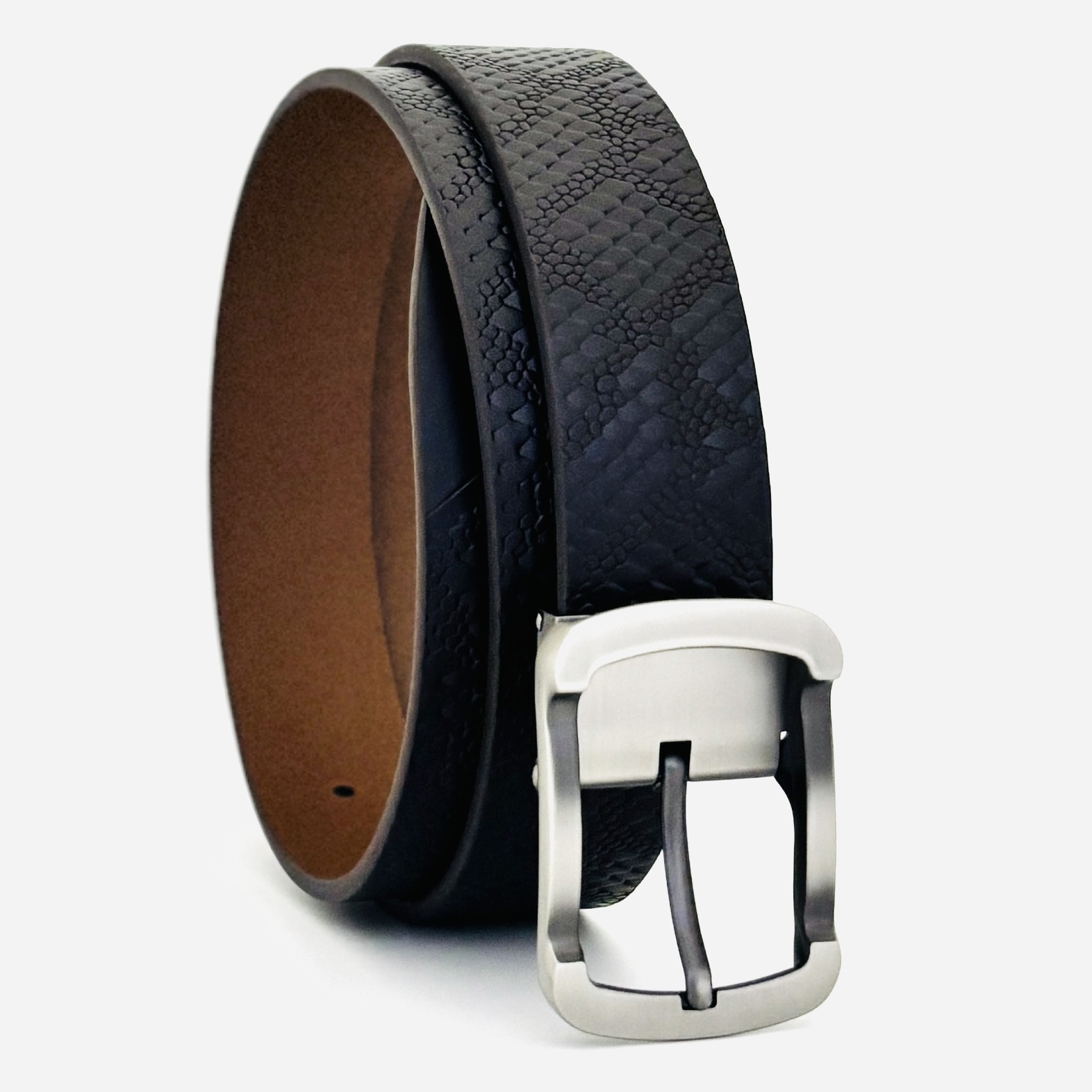St. Valentine Black Textured Leather Belt – Snakeskin Pattern with Brushed Silver Buckle