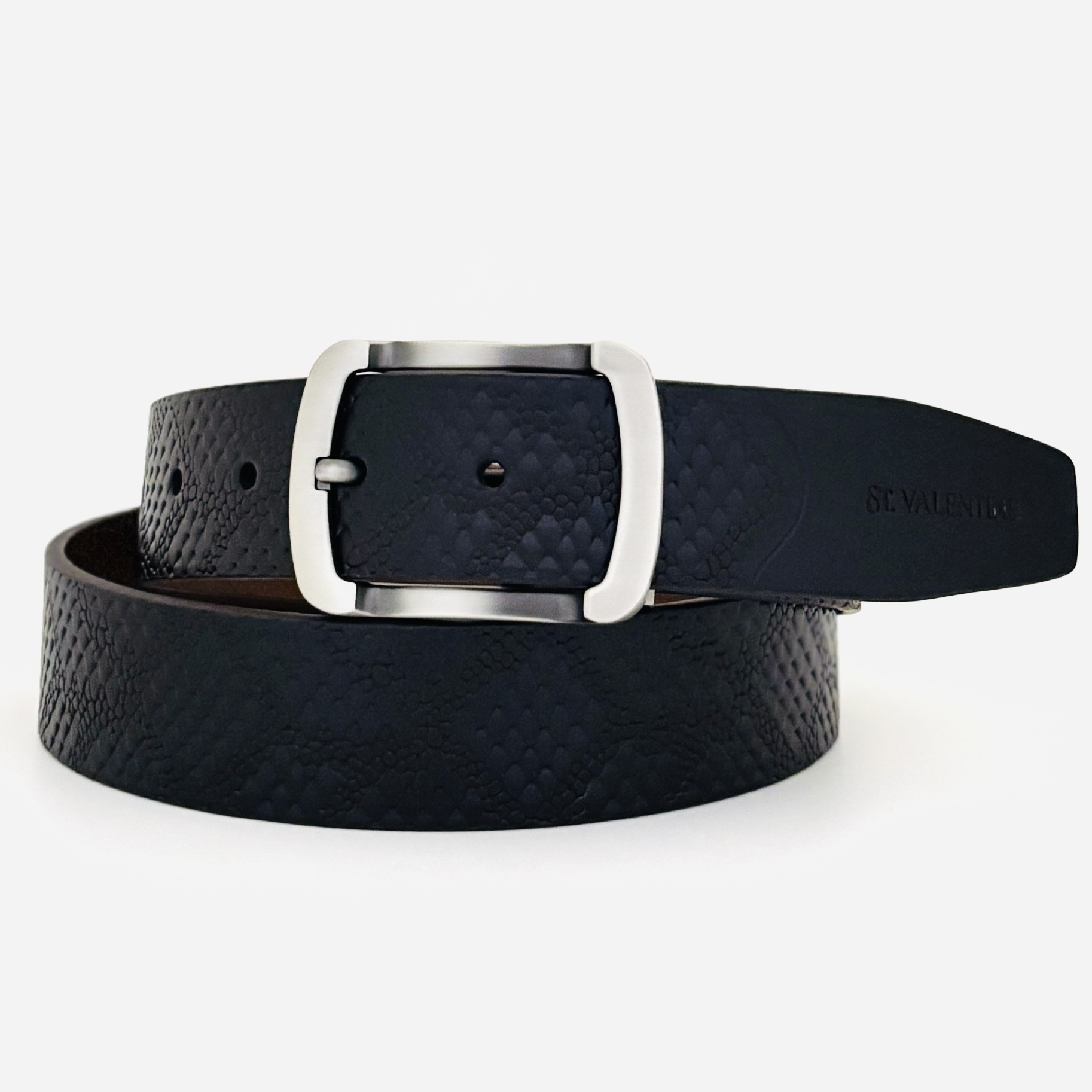 St. Valentine Black Textured Leather Belt – Snakeskin Pattern with Brushed Silver Buckle