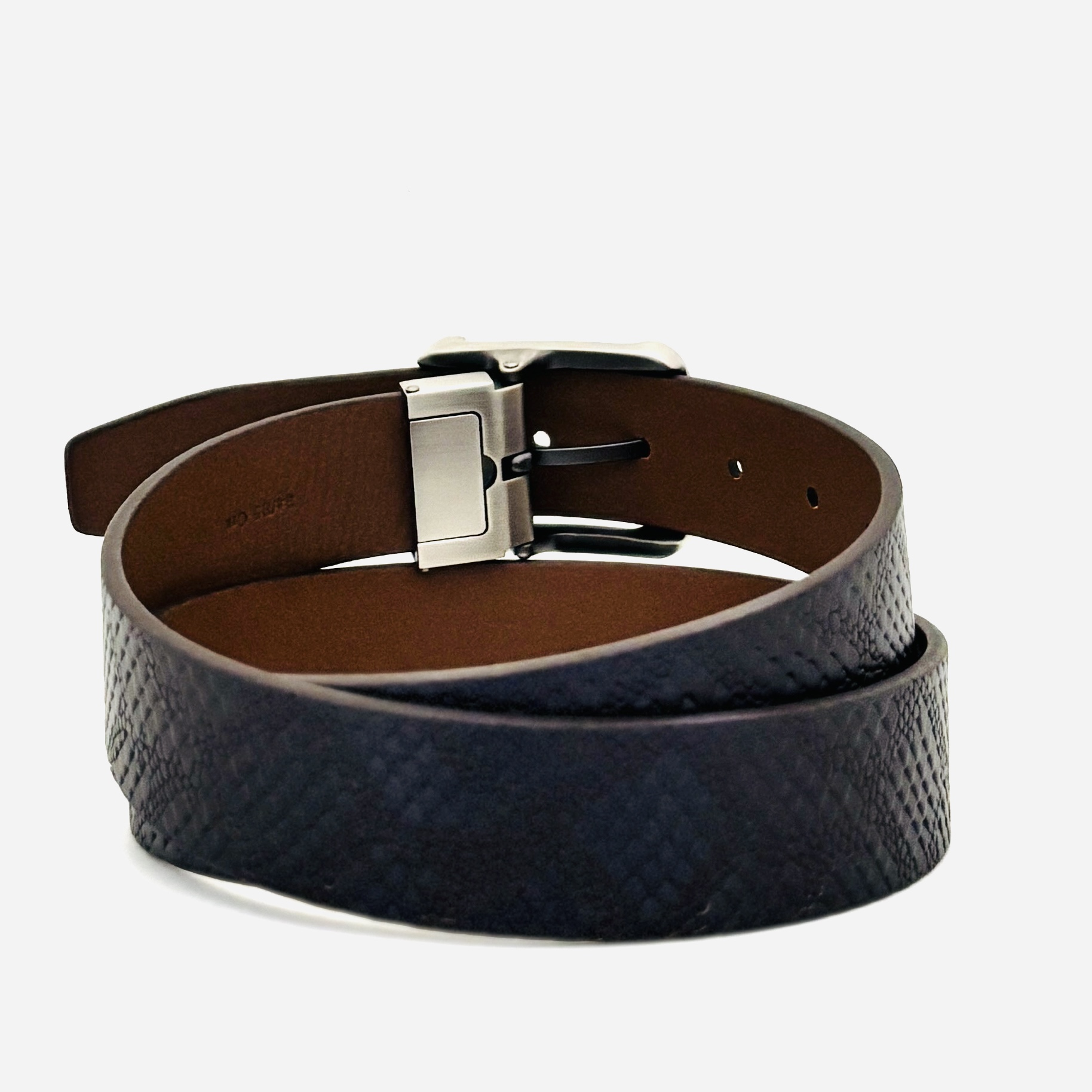 St. Valentine Black Textured Leather Belt – Snakeskin Pattern with Brushed Silver Buckle