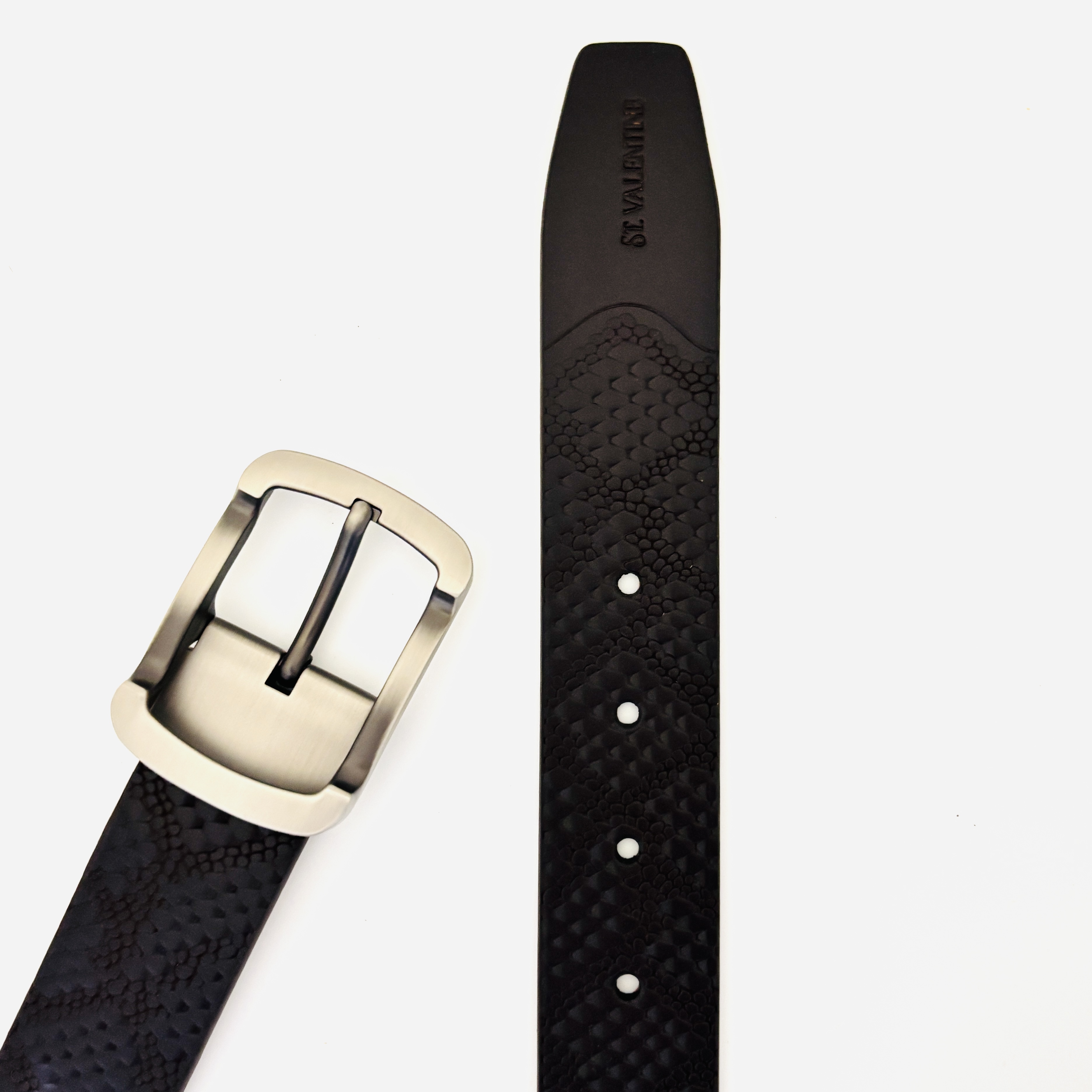 St. Valentine Black Textured Leather Belt – Snakeskin Pattern with Brushed Silver Buckle