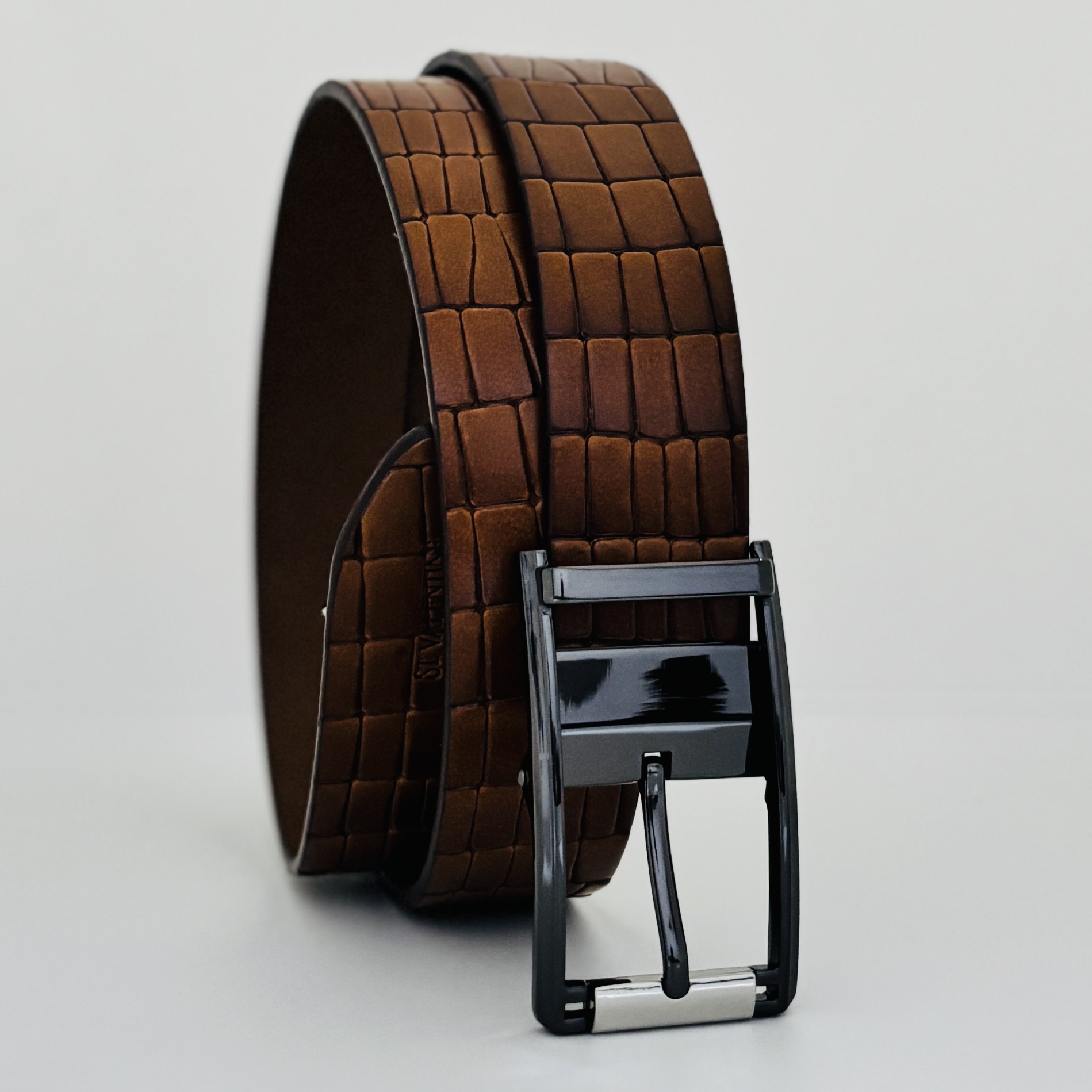 St. Valentine Light Brown Embossed Leather Belt – Signature Texture with Silver Buckle