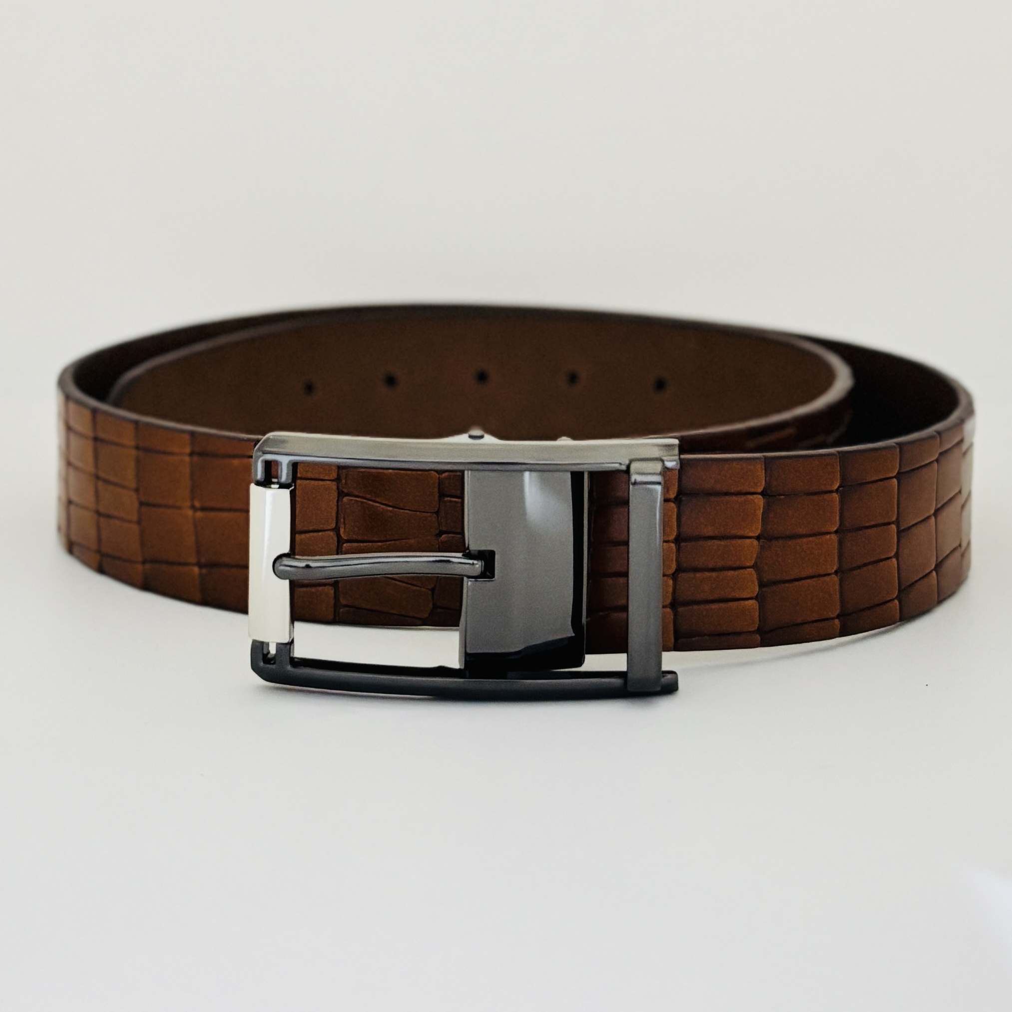 St. Valentine Light Brown Embossed Leather Belt – Signature Texture with Silver Buckle