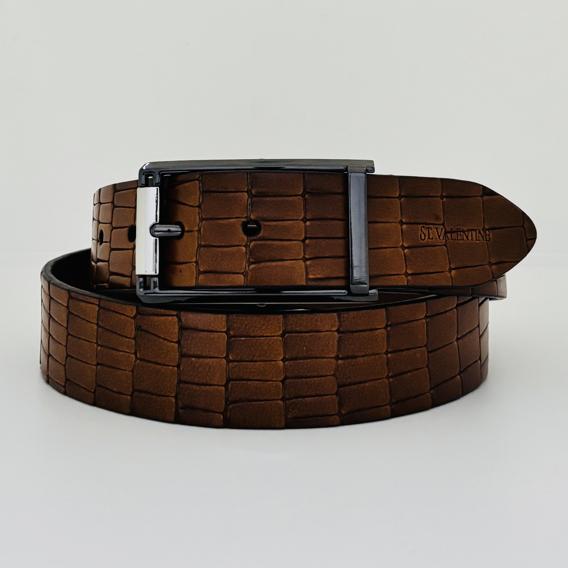 St. Valentine Light Brown Embossed Leather Belt – Signature Texture with Silver Buckle