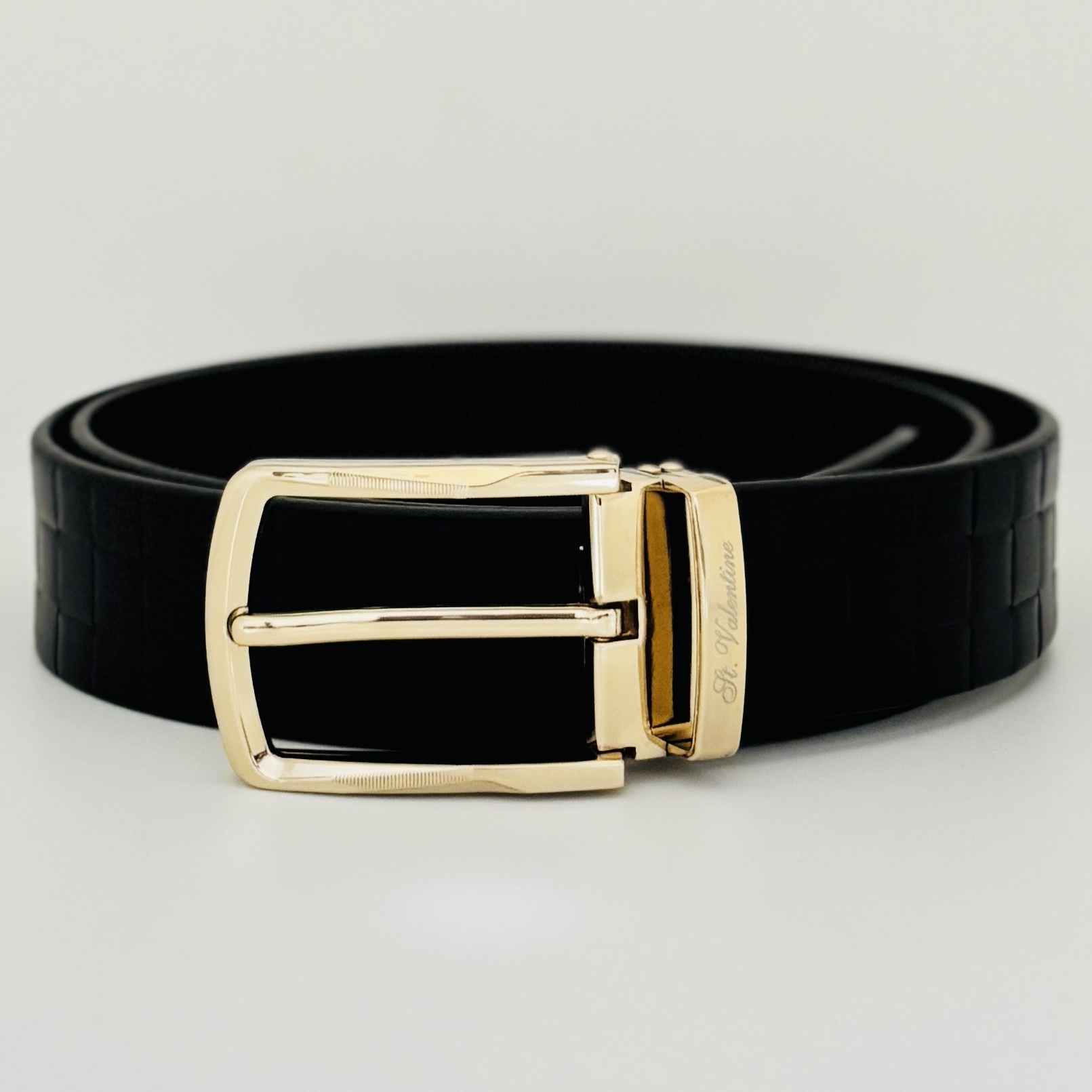 St. Valentine Premium Black Leather Belt – Gold Buckle Edition