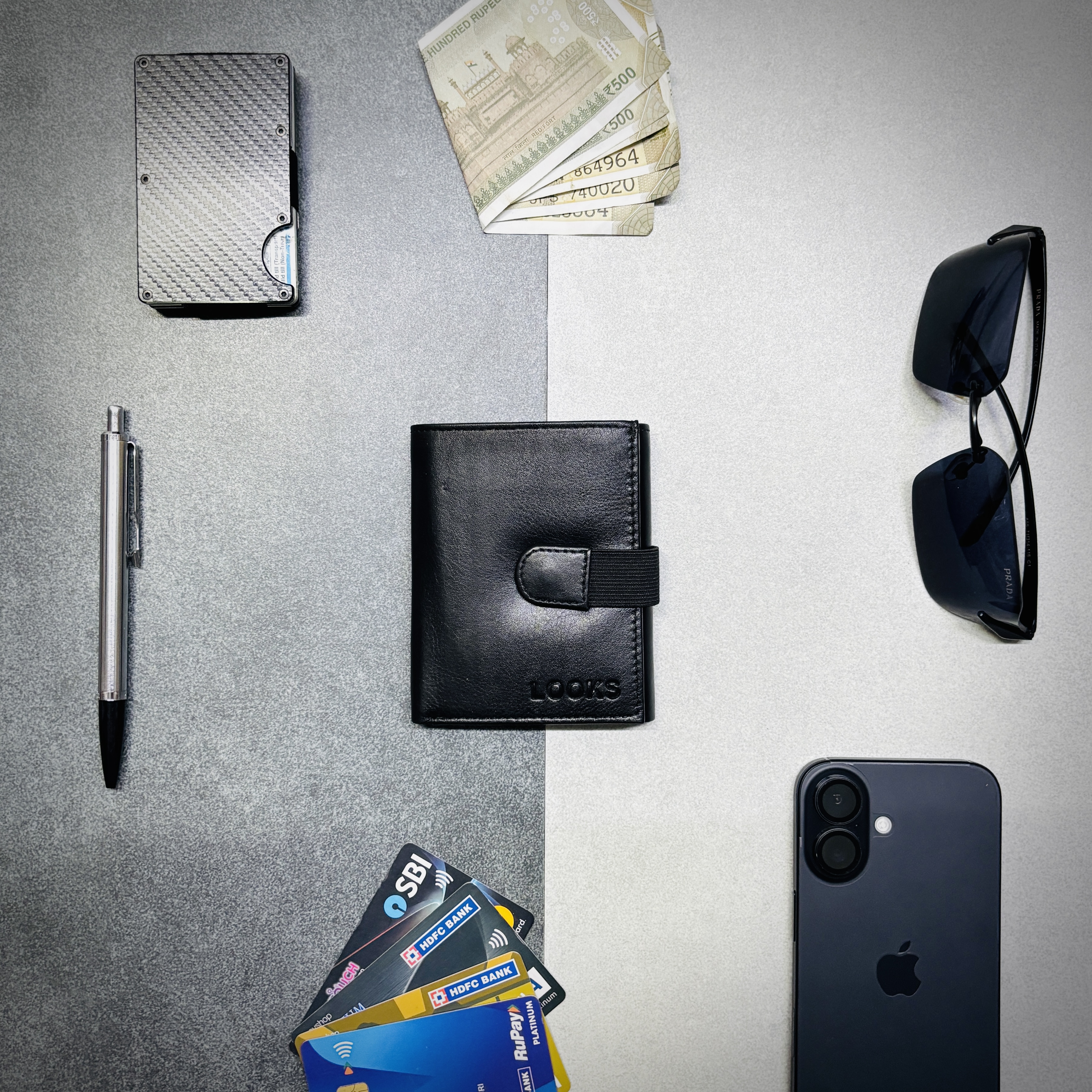 LOOKS Men’s Triple-Fold Leather Wallet – Black Wallet with Multi Card Slots & Secure Zip Pocket