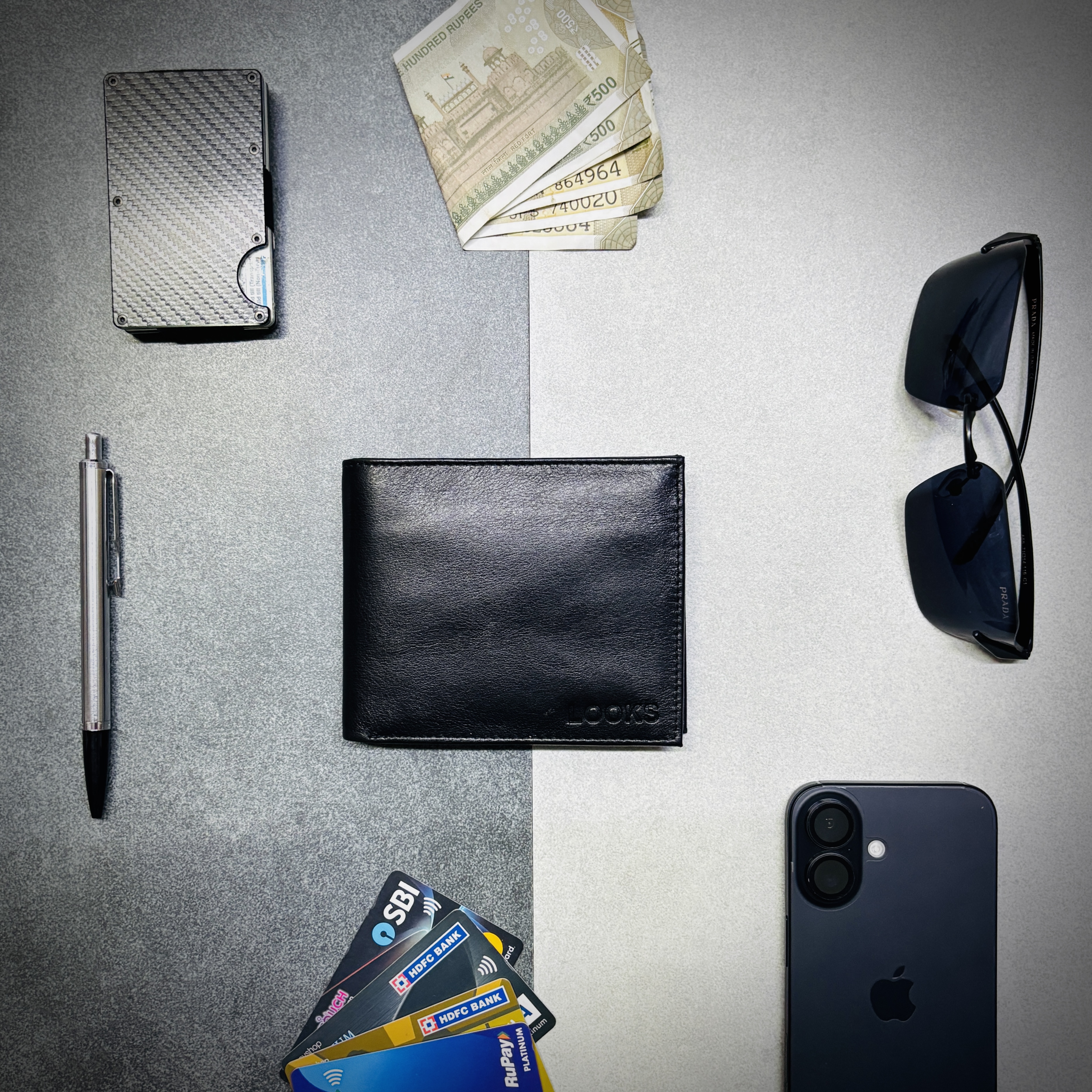 LOOKS Men’s Slim Leather Wallet – Black Bifold Wallet with Zip Pocket & 8 Card Slots