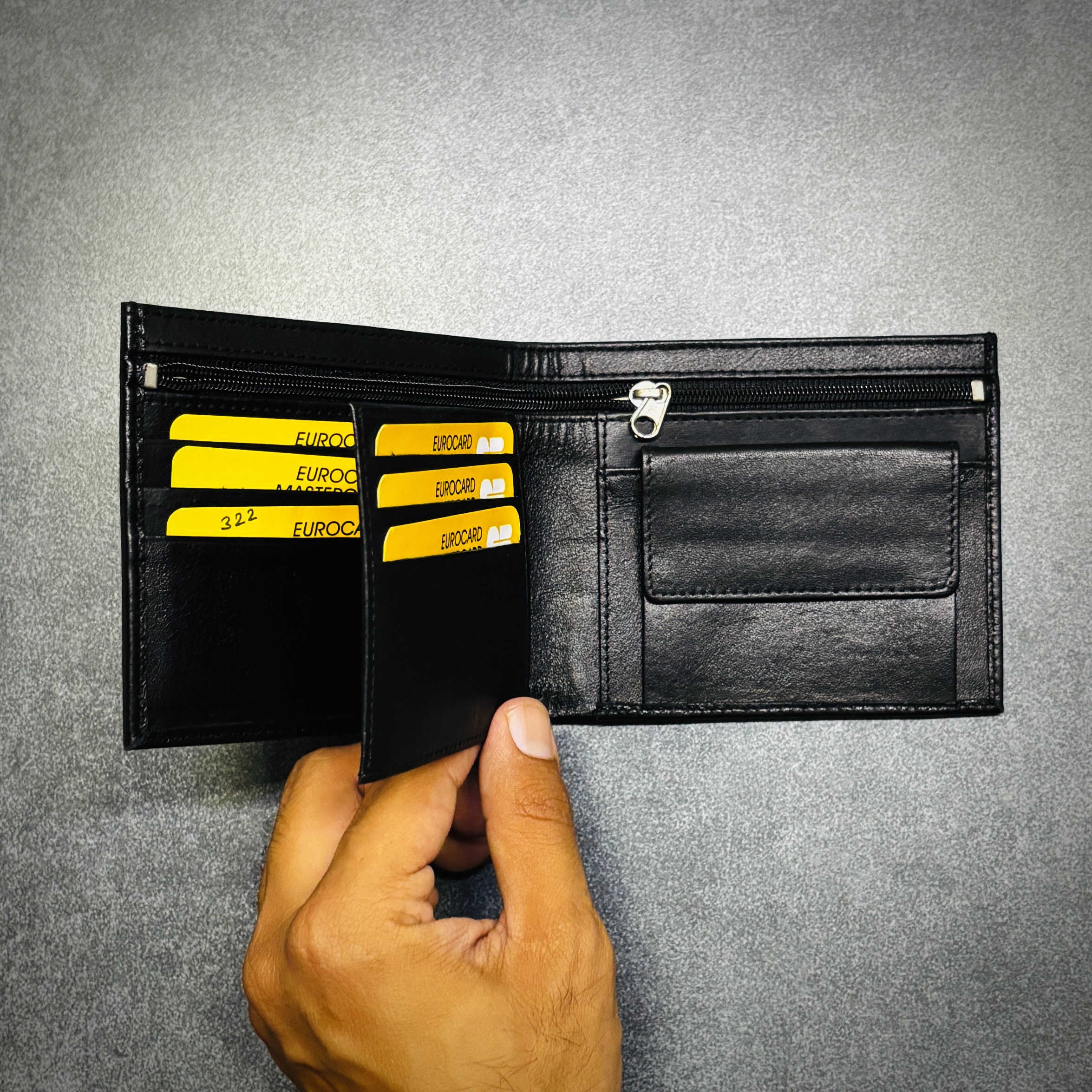 LOOKS Men’s Slim Leather Wallet – Black Bifold Wallet with Zip Pocket & 8 Card Slots
