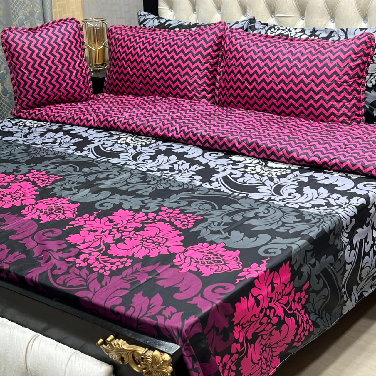 Pink and Grey Floral Bedding Set