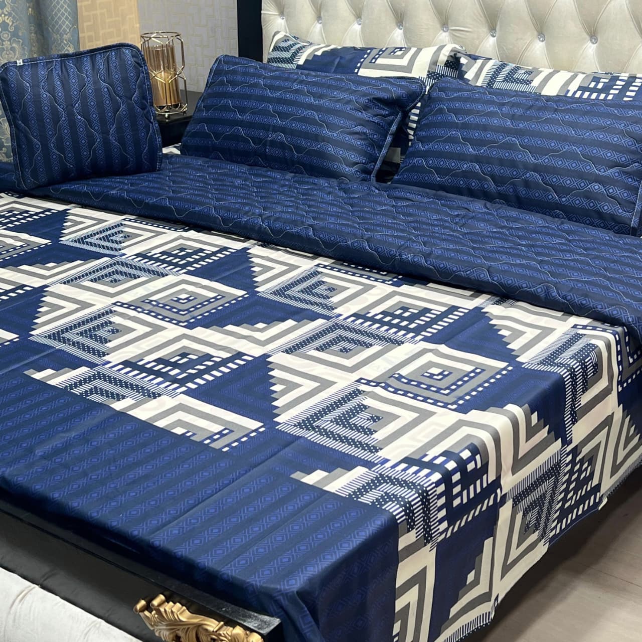 Luxury Blue Geometric Bedspread Set