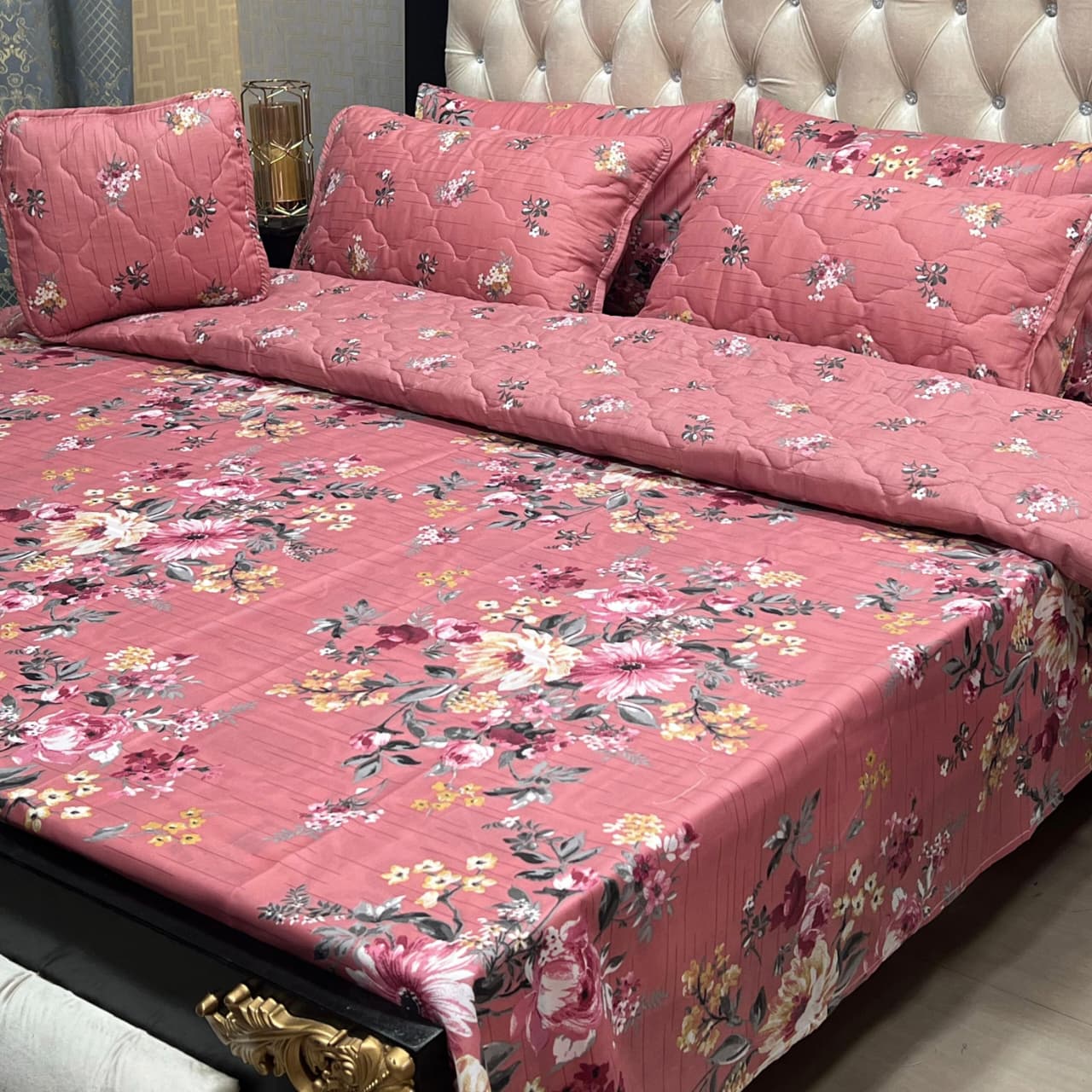Floral Pink Quilted Bedspread Set