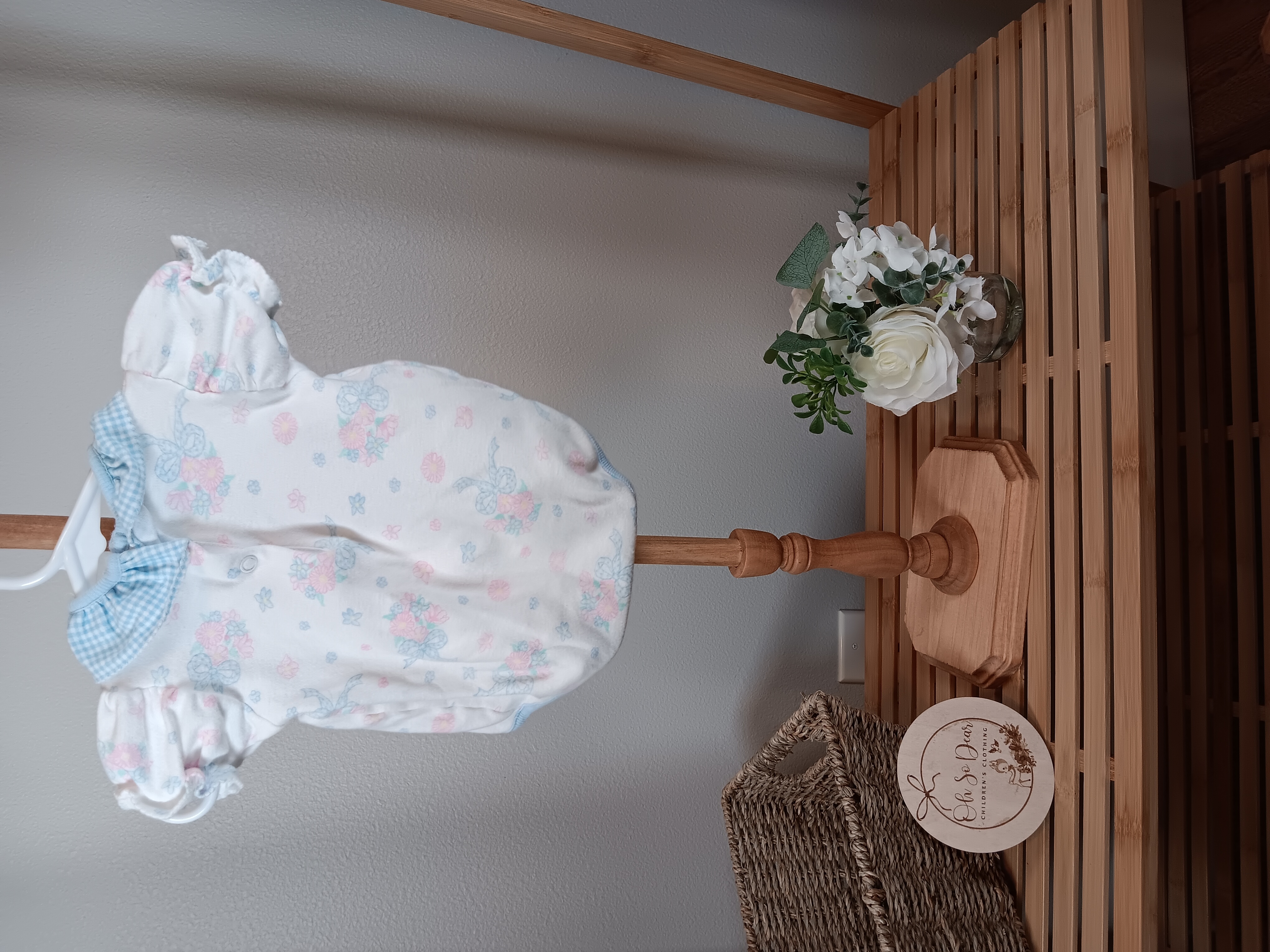 Carters vintage very small 0 to 3 months blue gingham collar with bow onesie 
