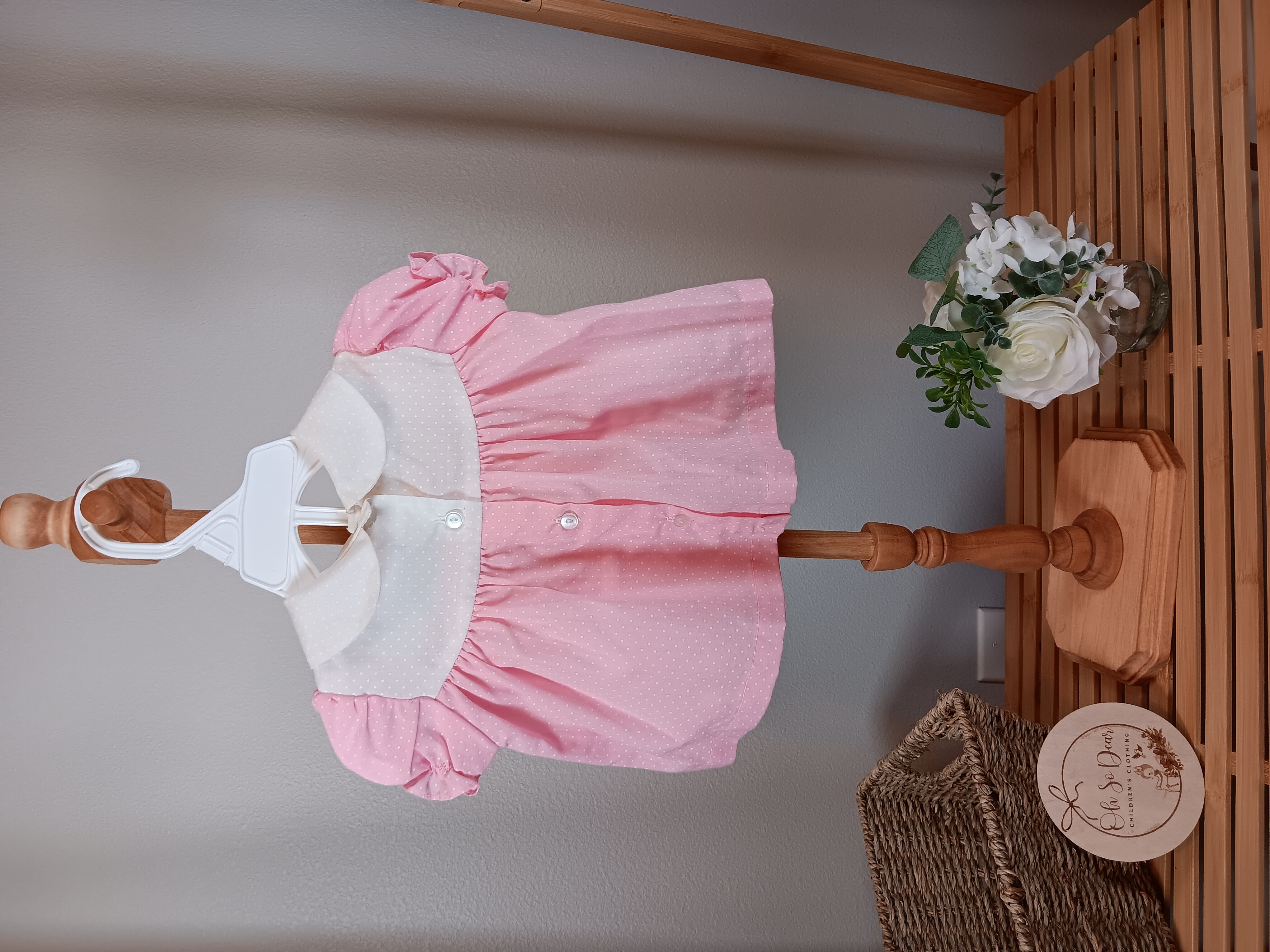 Cuties by Judy pink dress with pram small spot on front probably 6 to 9 month 