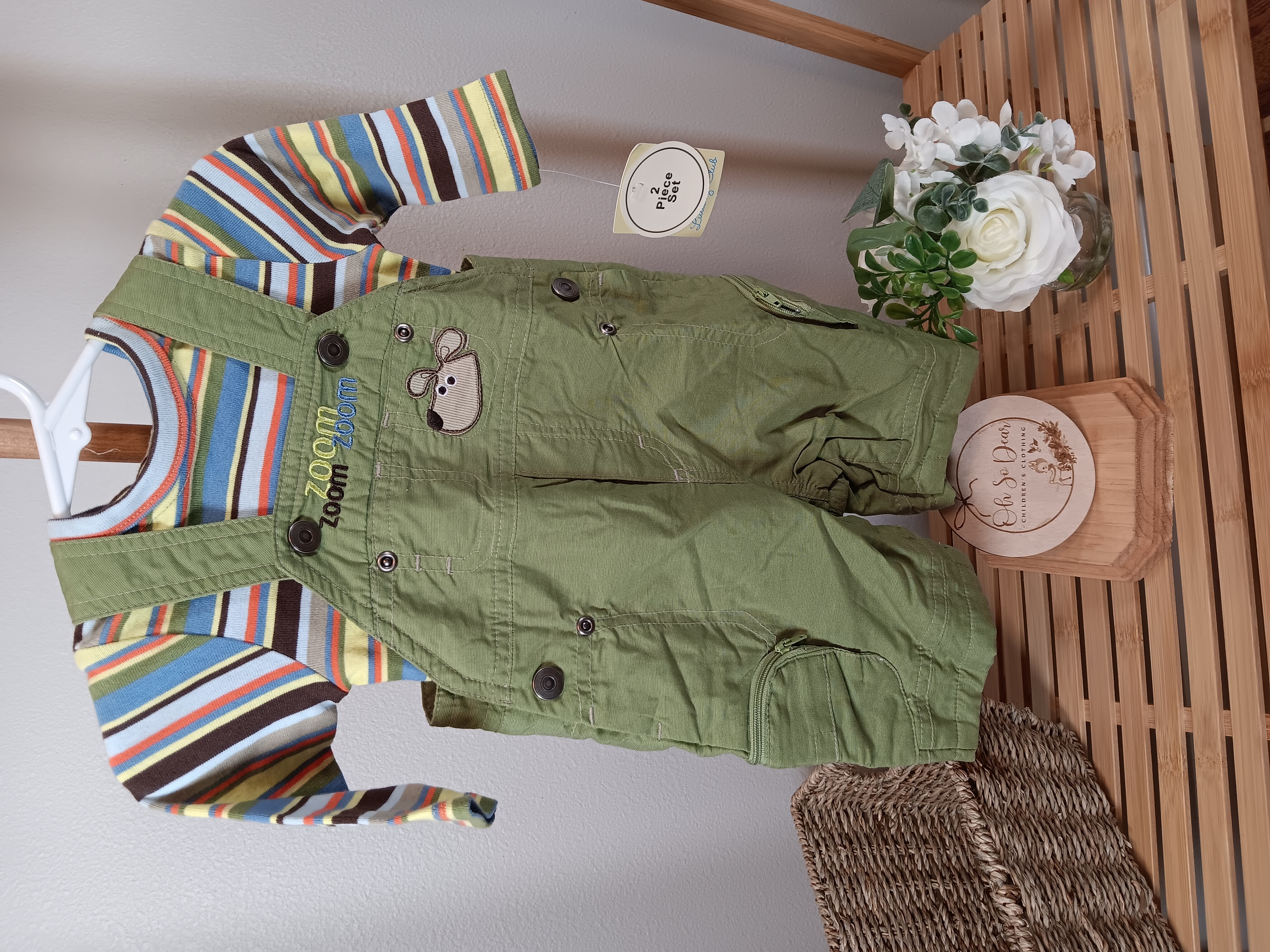 Lullabye Club green overalls with brown stripe shirt 3 months