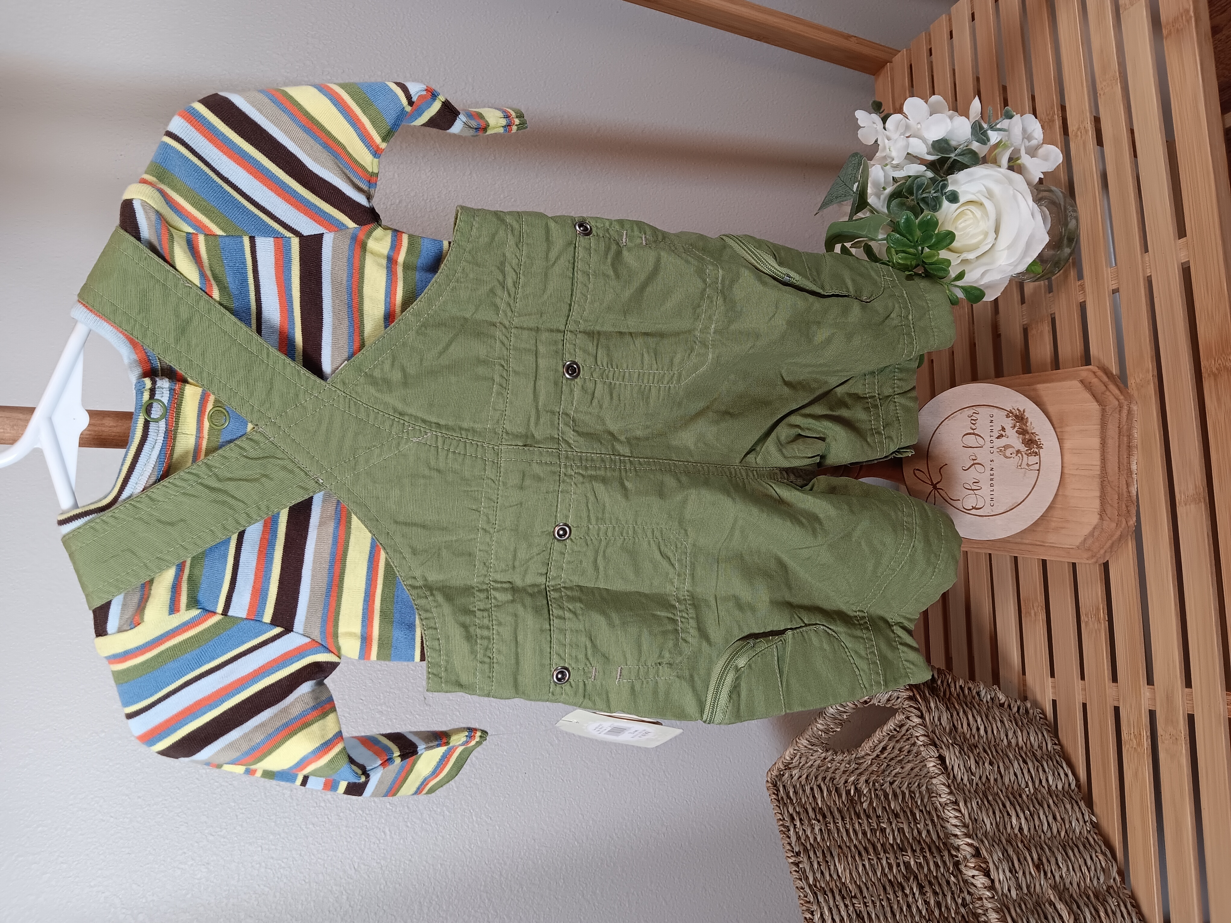 Lullabye Club green overalls with brown stripe shirt 3 months