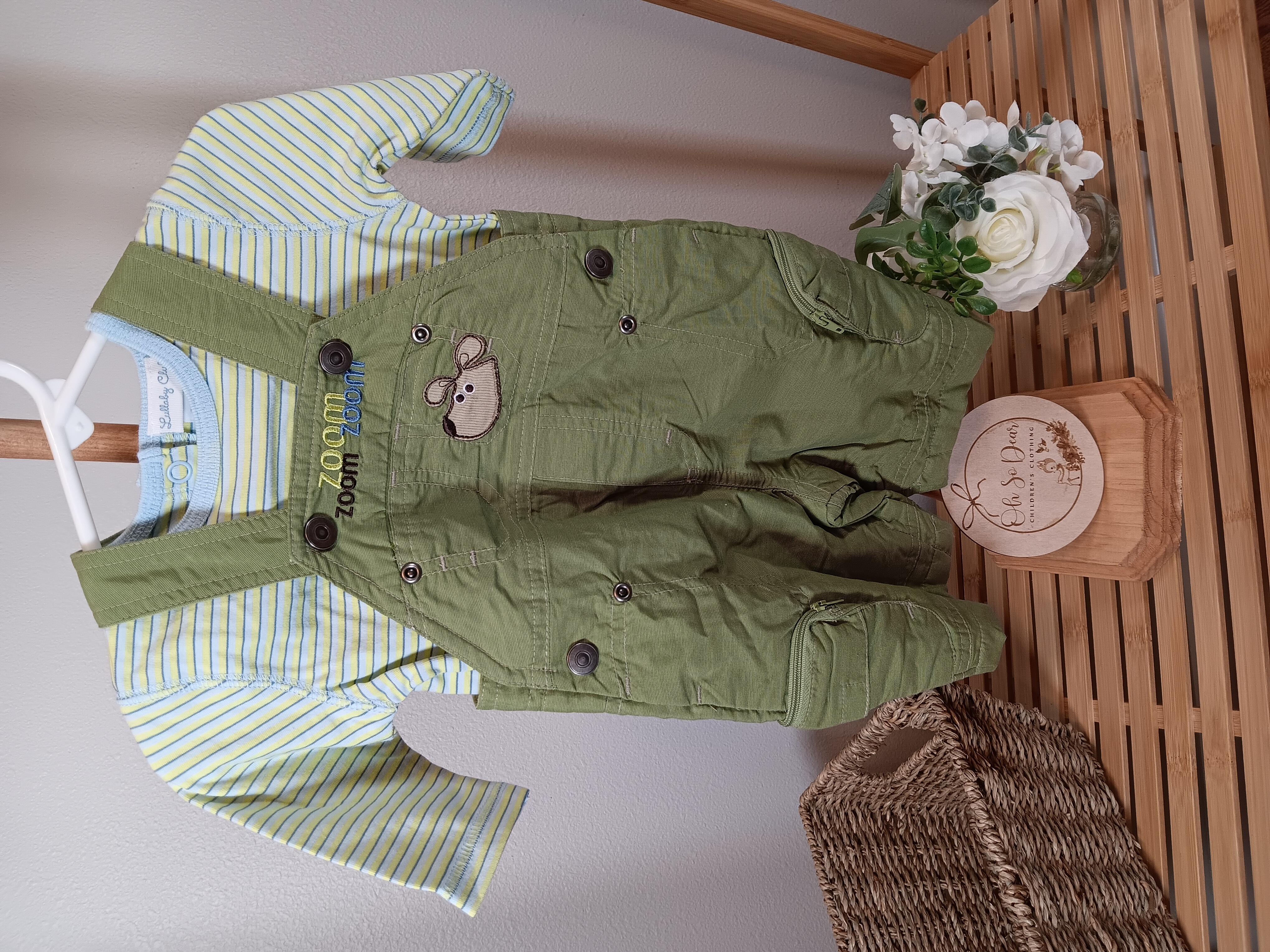 Lullabye Club overall set Green with light blue in shirt 3 months