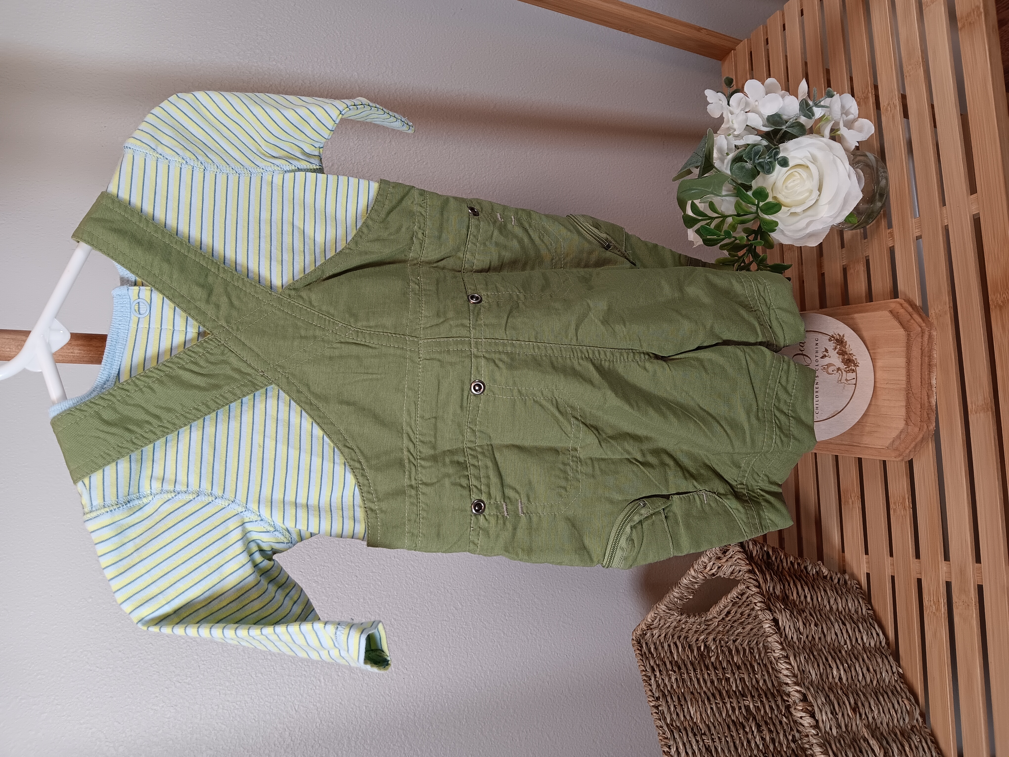 Lullabye Club overall set Green with light blue in shirt 3 months