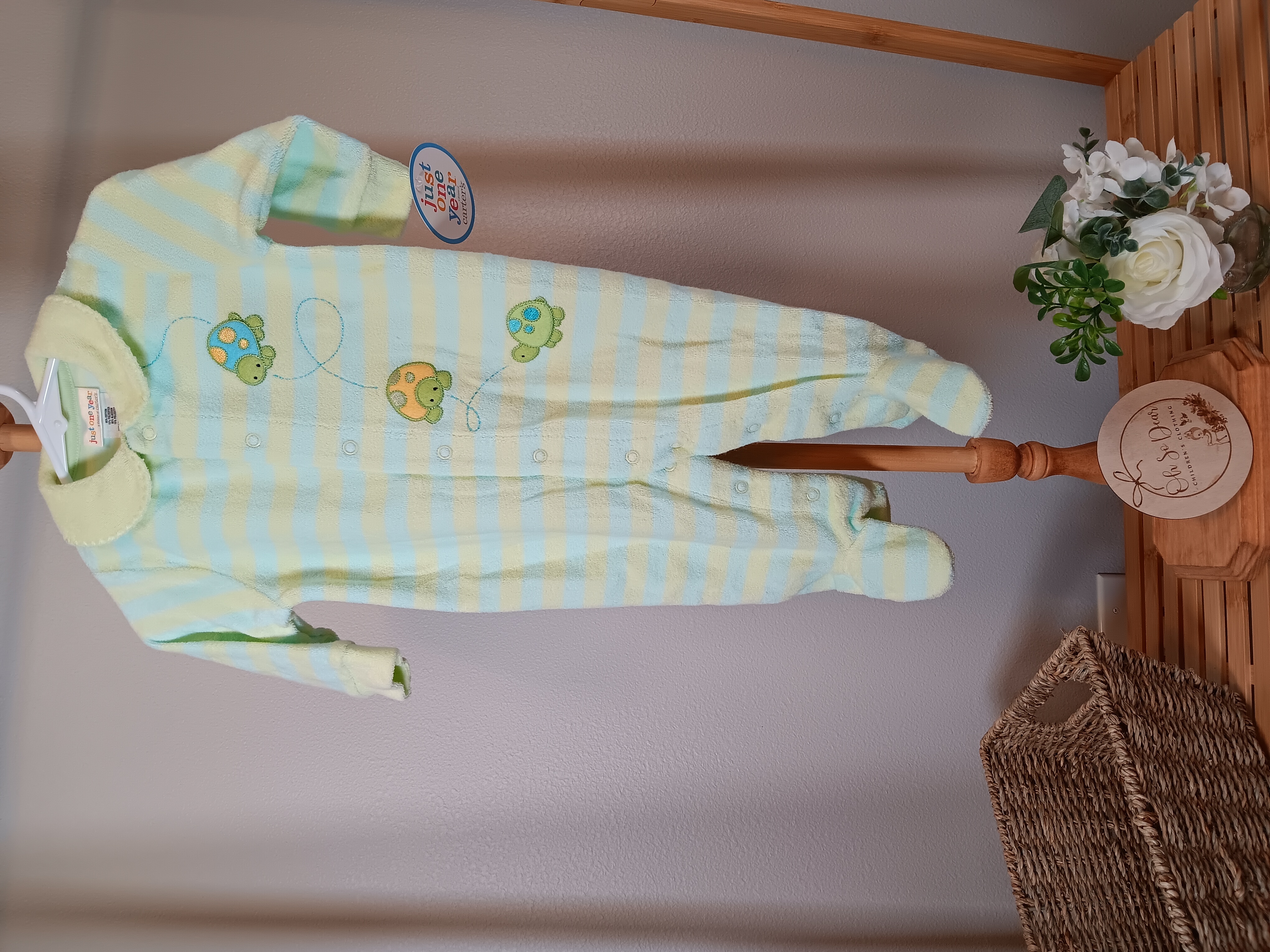 Terry Cloth Green and blue striped turtle sleep and play size 6 months 