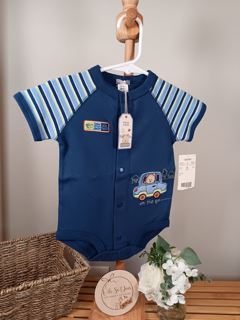 Carters Little guy on the go blue onesie romper with bear in car 3 months