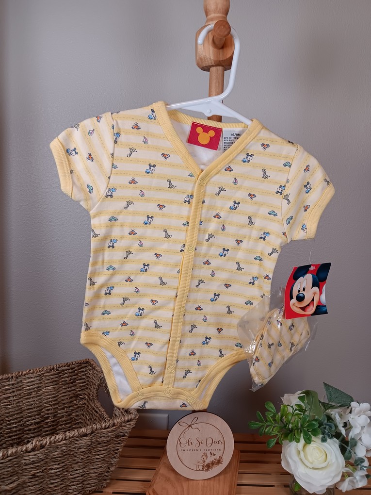 Neutral yellow Disney onesie romper with booties 6 to 9 months closer to 6mo 