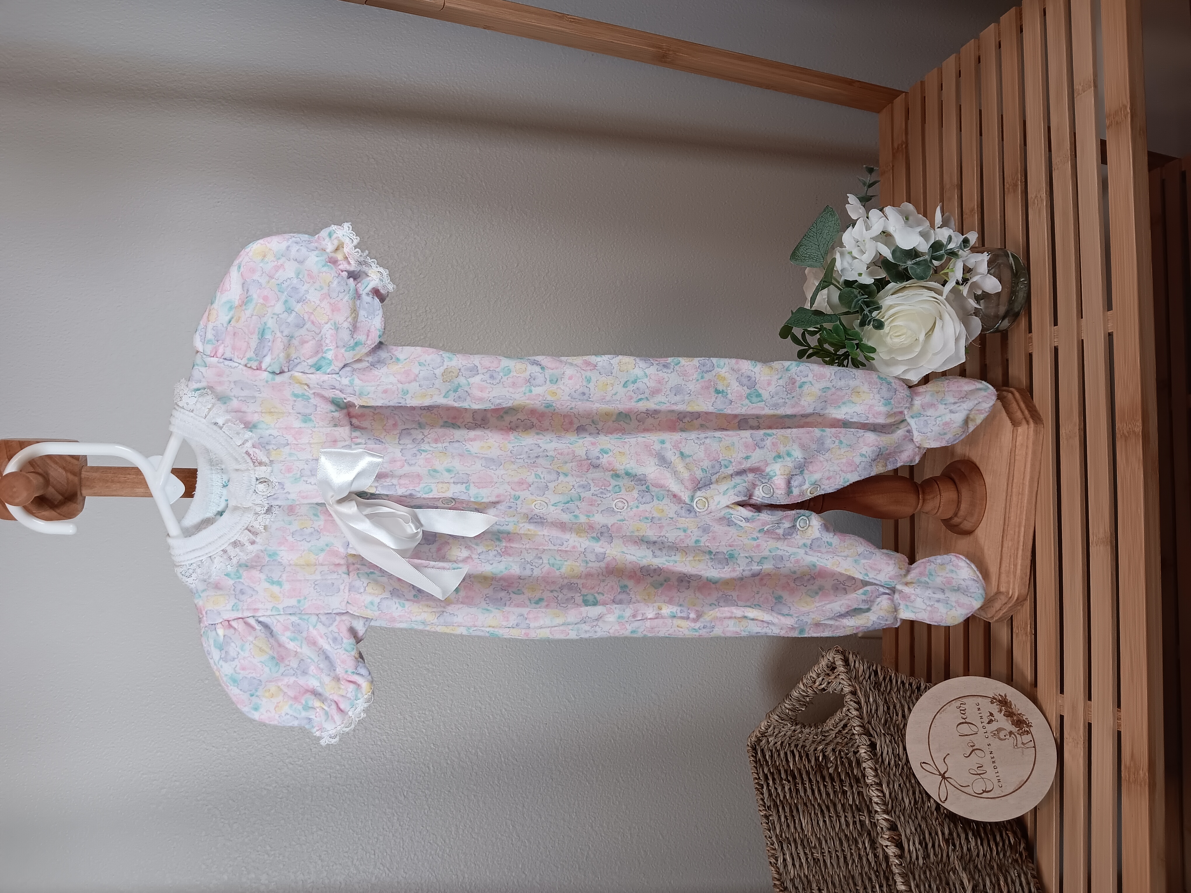 Sweet Baby Gro sleep and play size guessing 3 to 6 months some pilling bow untied