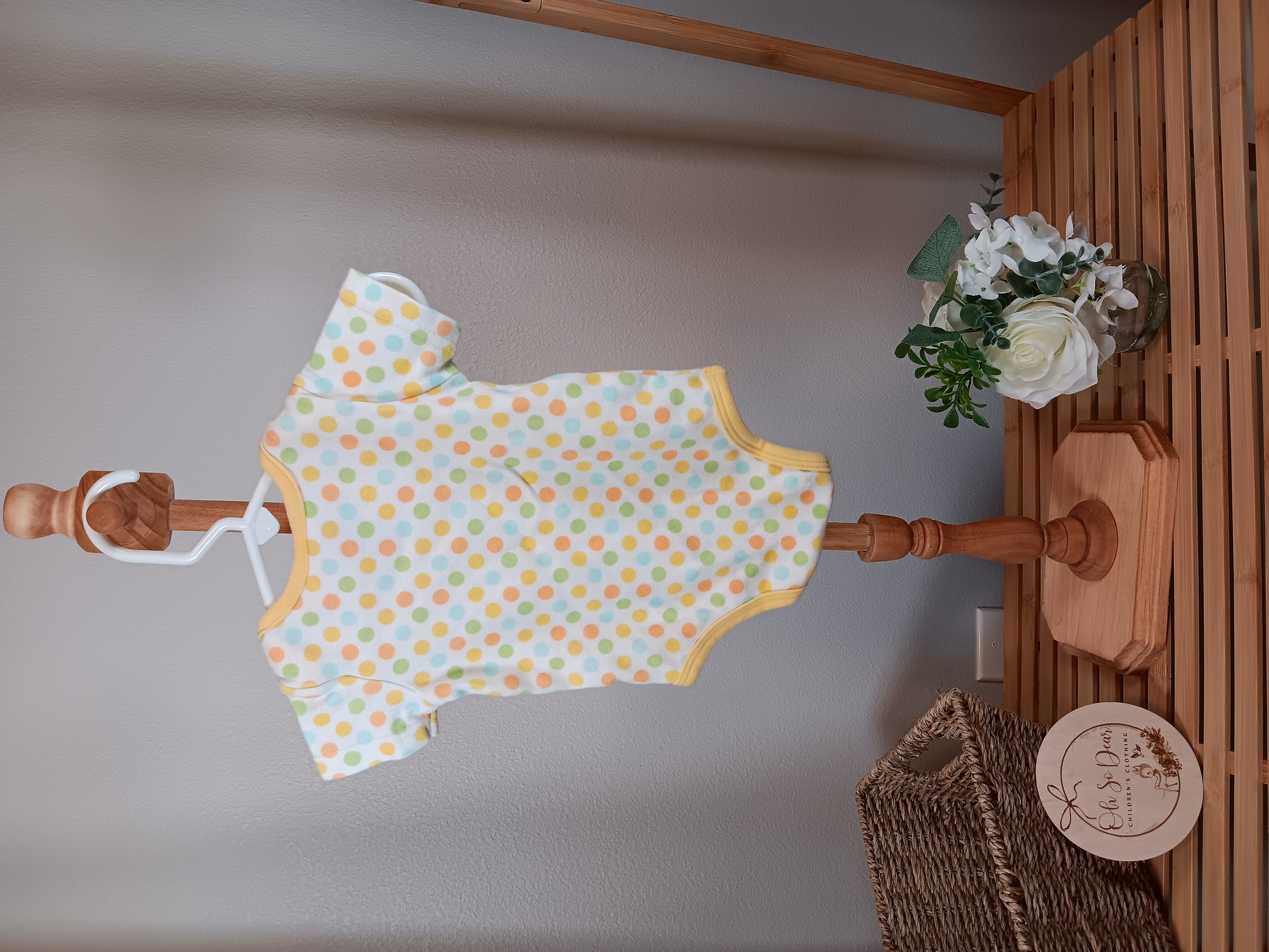 Baby Starters Brand polka dot onesie with chick patch on front chest