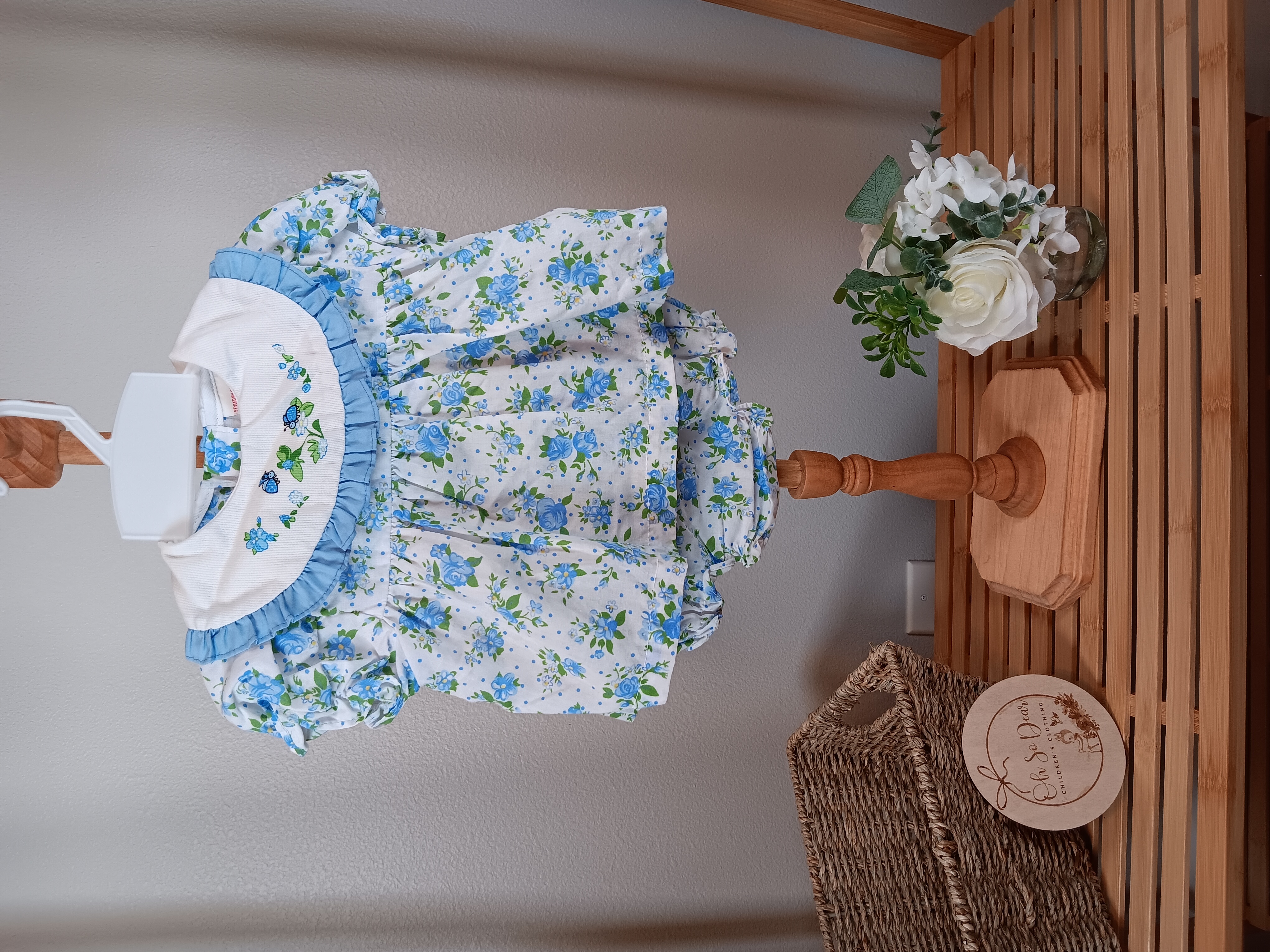 Catton Candy brand dress with bloomer panties size 0 to 6 months Blue flowers and Lady Bugs design